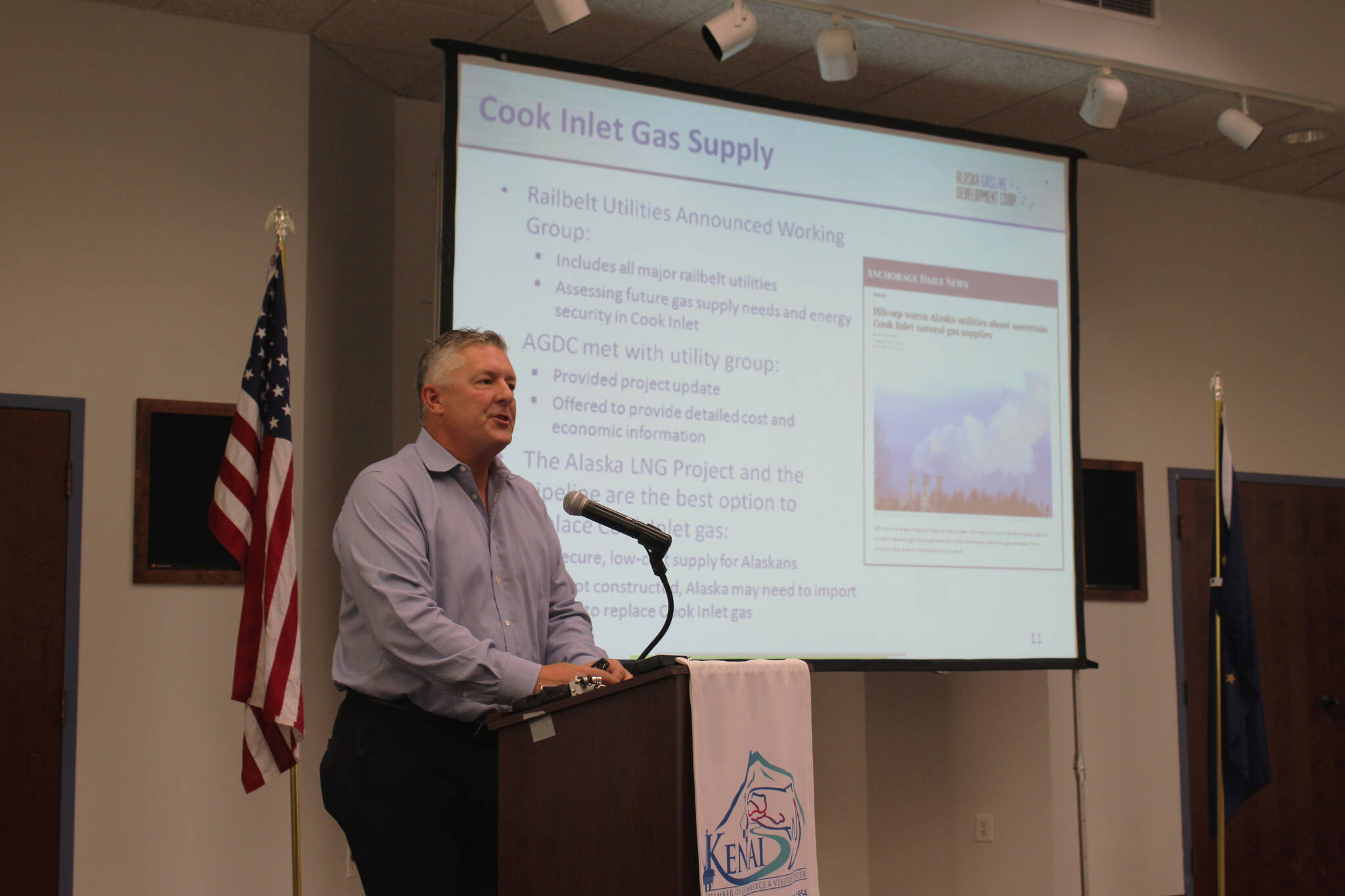 Alaska LNG Project Manager Brad Chastain presents information about the project during a luncheon at the Kenai Chamber Commerce and Visitor Center on Wednesday, July 6, 2022, in Kenai, Alaska. (Ashlyn O’Hara/Peninsula Clarion)