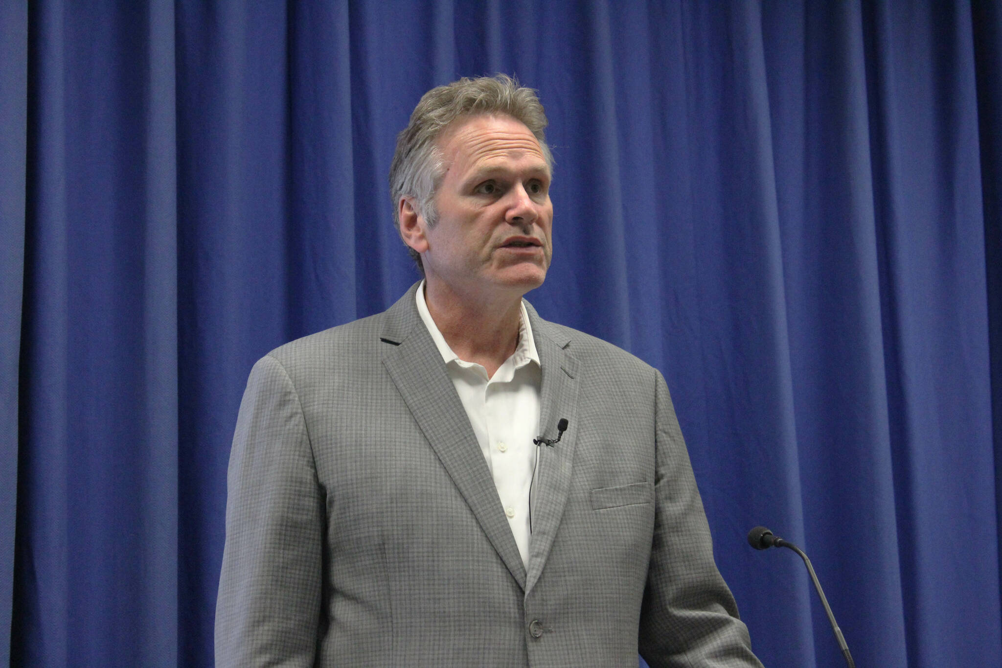 Gov. Mike Dunleavy speaks at the Kenai Classic Roundtable at Kenai Peninsula College on Wednesday, Aug. 17, 2022 near Soldotna, Alaska. (Ashlyn O’Hara/Peninsula Clarion)