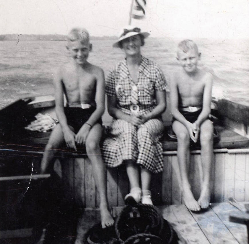 Photo courtesy of the Fenger Family Collection
Eleven-year-old John Fenger (left) enjoys a boat ride in Chesapeake Bay with his mother Katherine and his brother Peter in 1934.