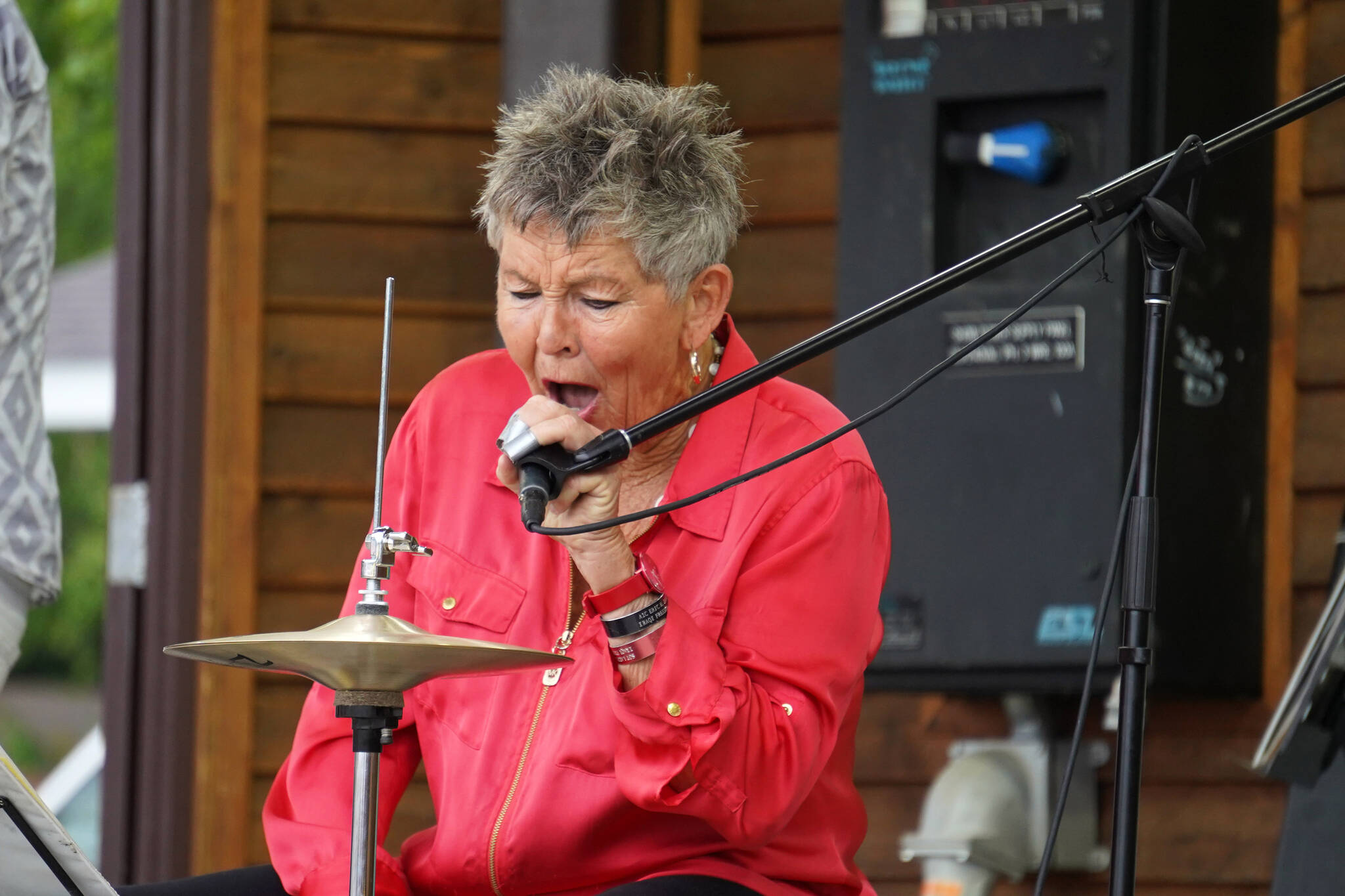 Connie Brannock, part of Connie Brannock’s Tiny House of Funk, performs during the Soldotna Music Series at Soldotna Creek Park in Soldotna, Alaska, on Wednesday, June 21, 2023. (Jake Dye/Peninsula Clarion)