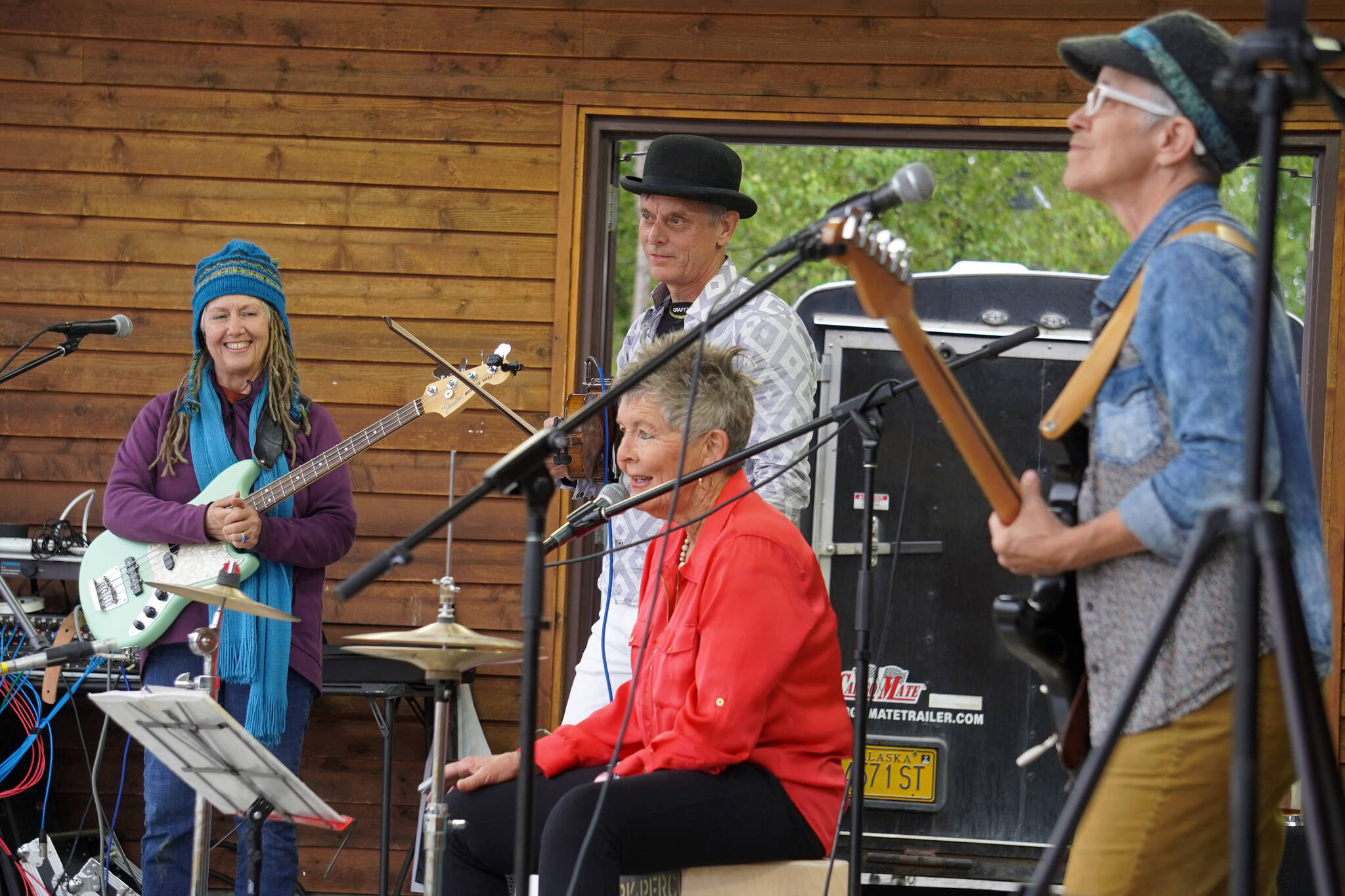 Connie Brannock’s Tiny House of Funk performs during the Soldotna Music Series at Soldotna Creek Park in Soldotna, Alaska, on Wednesday, June 21, 2023. (Jake Dye/Peninsula Clarion)