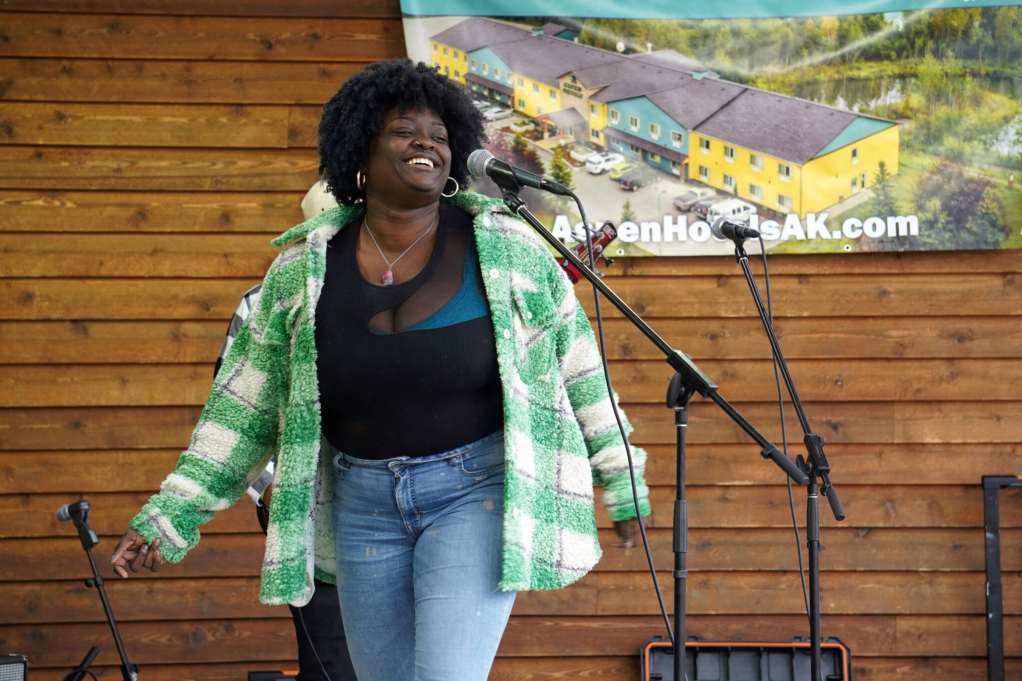 Mimi Keonna, part of Wasabi Black, performs during the Soldotna Music Series at Soldotna Creek Park in Soldotna, Alaska, on Wednesday, June 21, 2023. (Jake Dye/Peninsula Clarion)