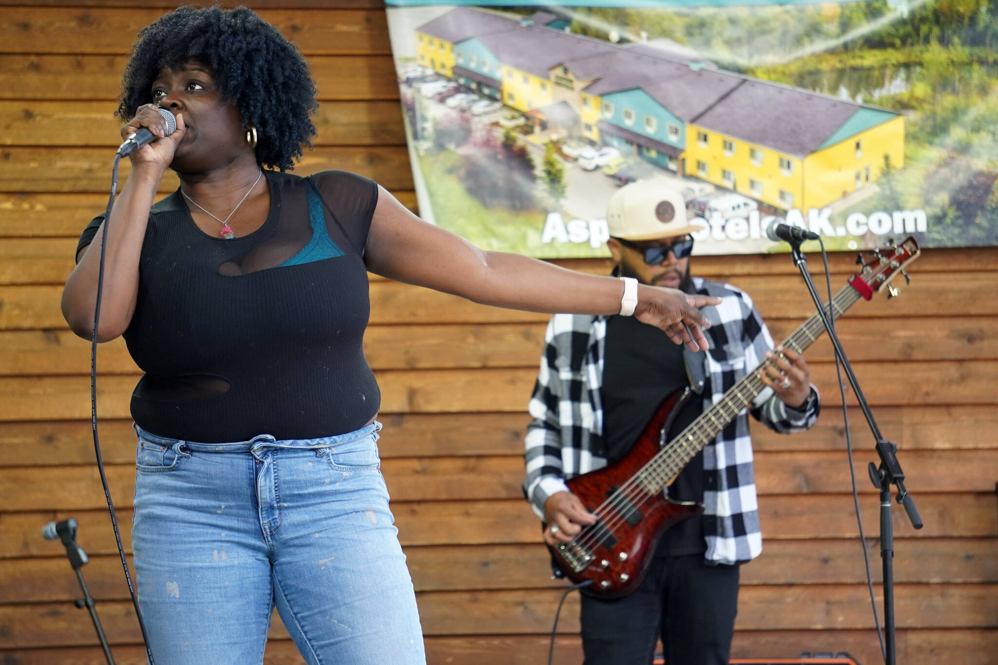Mimi Keonna, part of Wasabi Black, performs during the Soldotna Music Series at Soldotna Creek Park in Soldotna, Alaska, on Wednesday, June 21, 2023. (Jake Dye/Peninsula Clarion)