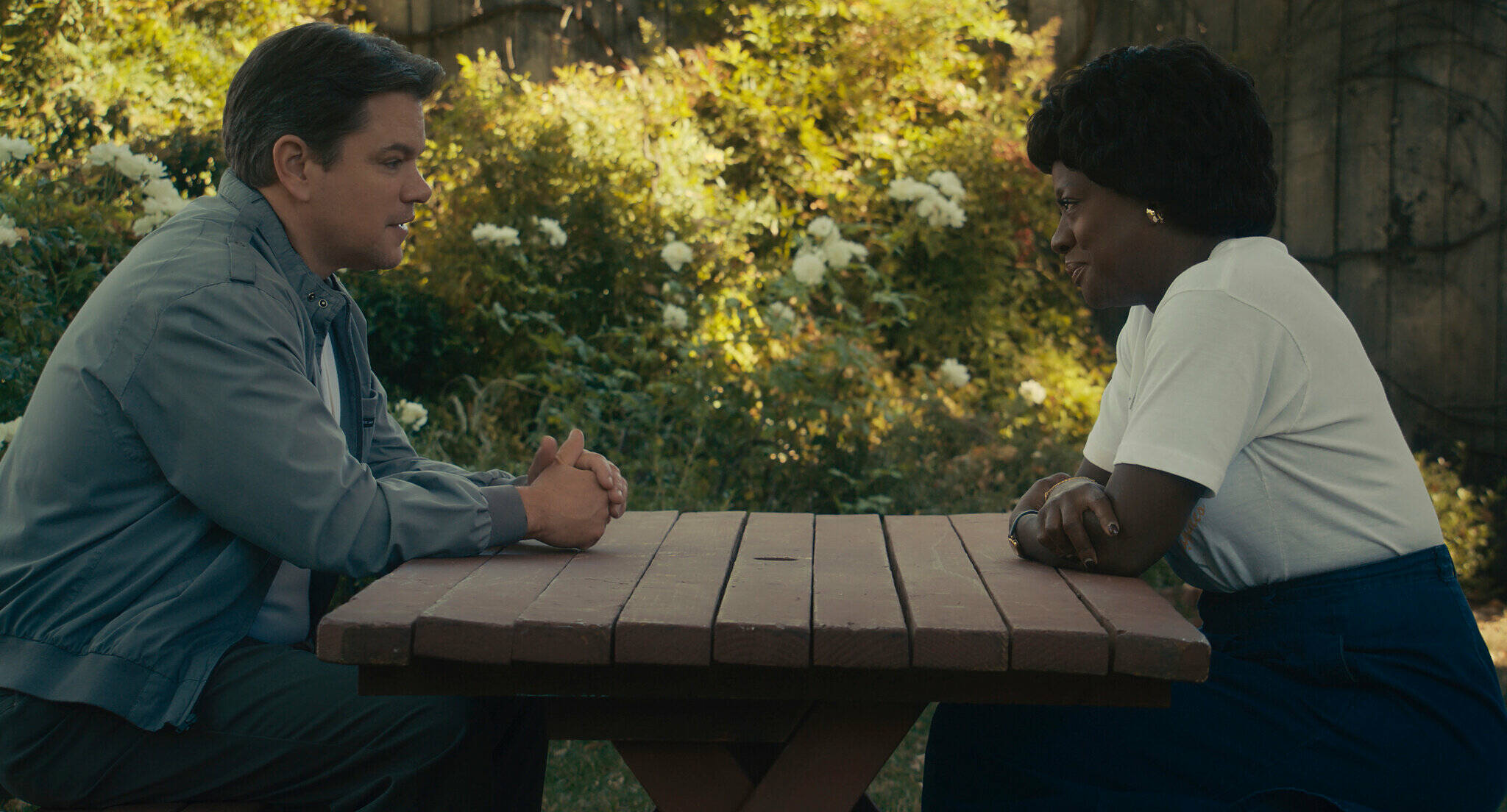 Matt Damon and Viola Davis appear as Sonny Vaccaro and Deloris Jordan in "Air." (Photo courtesy Amazon Studios)