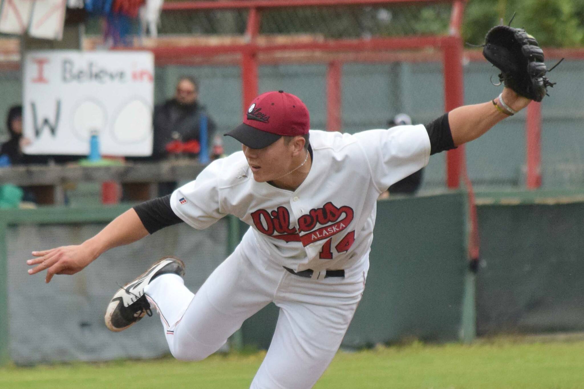 Peninsula Oilers starter Bryan Woo delivers to the Anchorage Bucs on Friday, July 26, 2019, at Coral Seymour Memorial Park in Kenai, Alaska. (Photo by Jeff Helminiak/Peninsula Clarion)