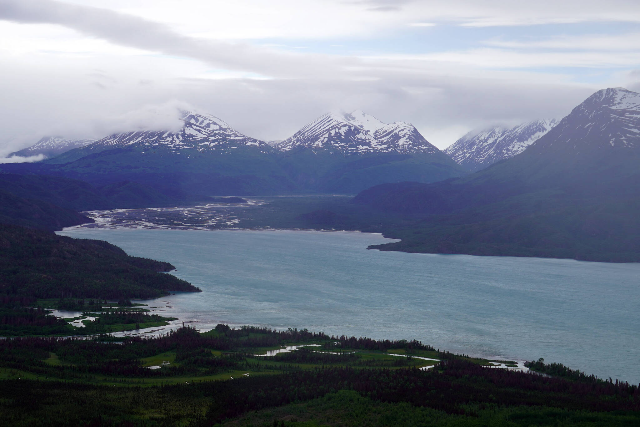 The view from the vista at the end of Bear Mountain Trail, seen on Friday, June 23, 2023, near Cooper Landing, Alaska. (Jake Dye/Peninsula Clarion)