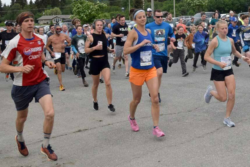 Runners participating in the Homer Spit Run 10K to the Bay begin the course at Homer High School on Saturday, June 24, 2023 in Homer, Alaska. (Delcenia Cosman/Homer News)