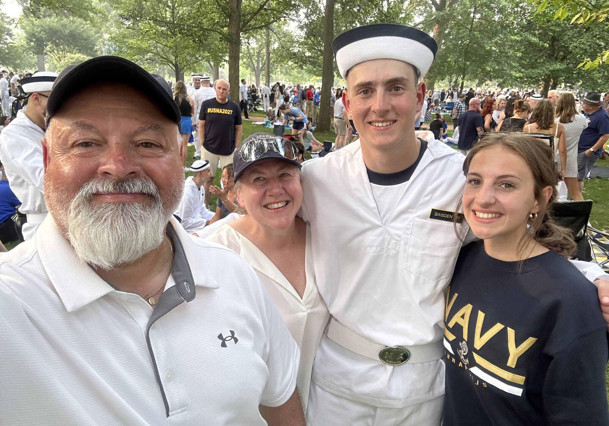 Samuel Baisden with his parents, James and Rhonda Baisden, and his sister, Sarah Jane, after Samuel was sworn into the U.S. Naval Academy on Thursday, June 29, 2023, in Annapolis, Maryland. (Photo provided)