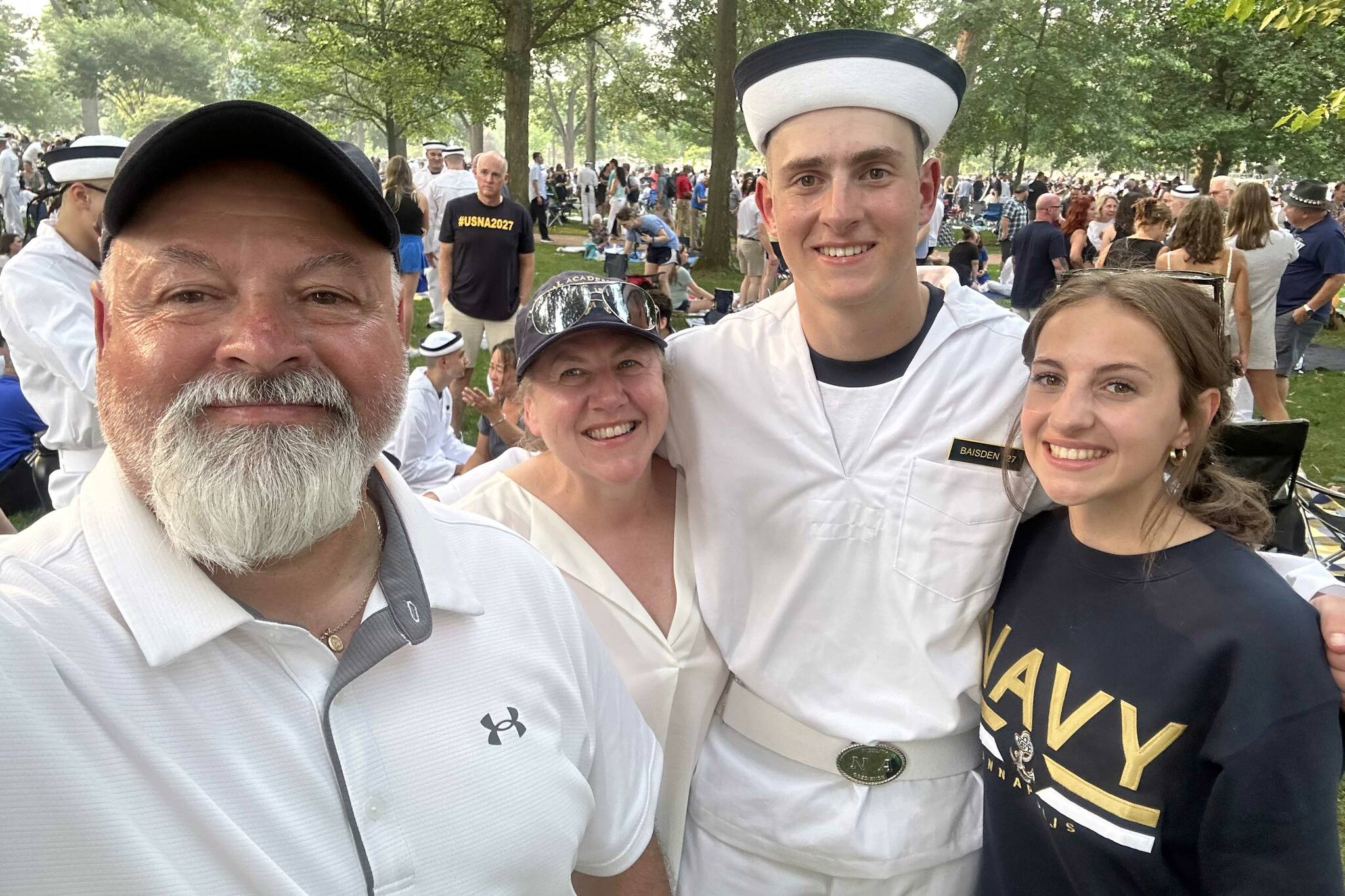 Samuel Baisden with his parents, James and Rhonda Baisden, and his sister, Sarah Jane, after Samuel was sworn into the U.S. Naval Academy on Thursday, June 29, 2023, in Annapolis, Maryland. (Photo provided)