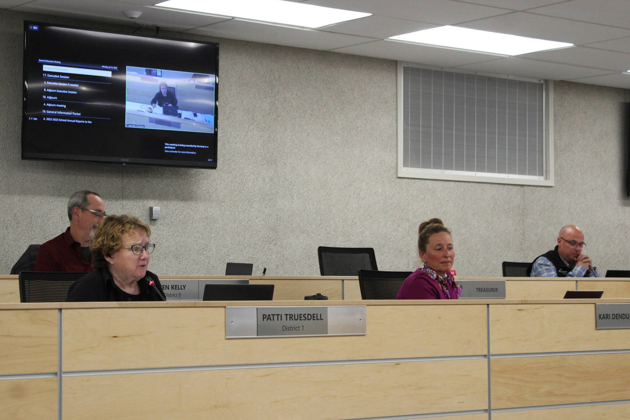 From left, Kenai Peninsula Borough School District Board of Education members Zen Kelly, Patti Truesdell, KPBSD Assistant Superintendent Kari Dendurent and Jason Tauriainen participate in a board meeting on Monday, July 10, 2023 in Soldotna, Alaska. (Ashlyn O'Hara/Peninsula Clarion)