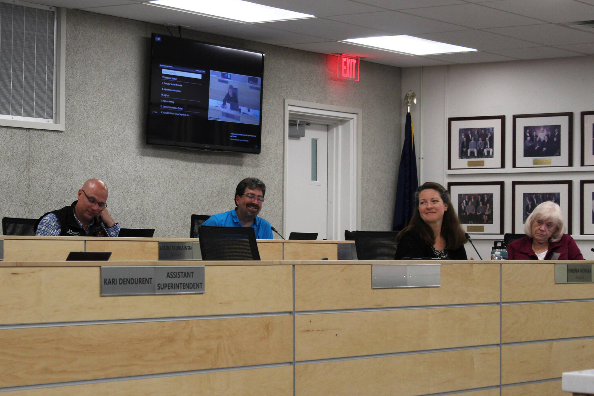 From left, Kenai Peninsula Borough School District Board of Education members Jason Tauriainen, Matt Morse, Virginia Morgan and Beverley Romanin participate in a board meeting on Monday, July 10, 2023 in Soldotna, Alaska. (Ashlyn O'Hara/Peninsula Clarion)