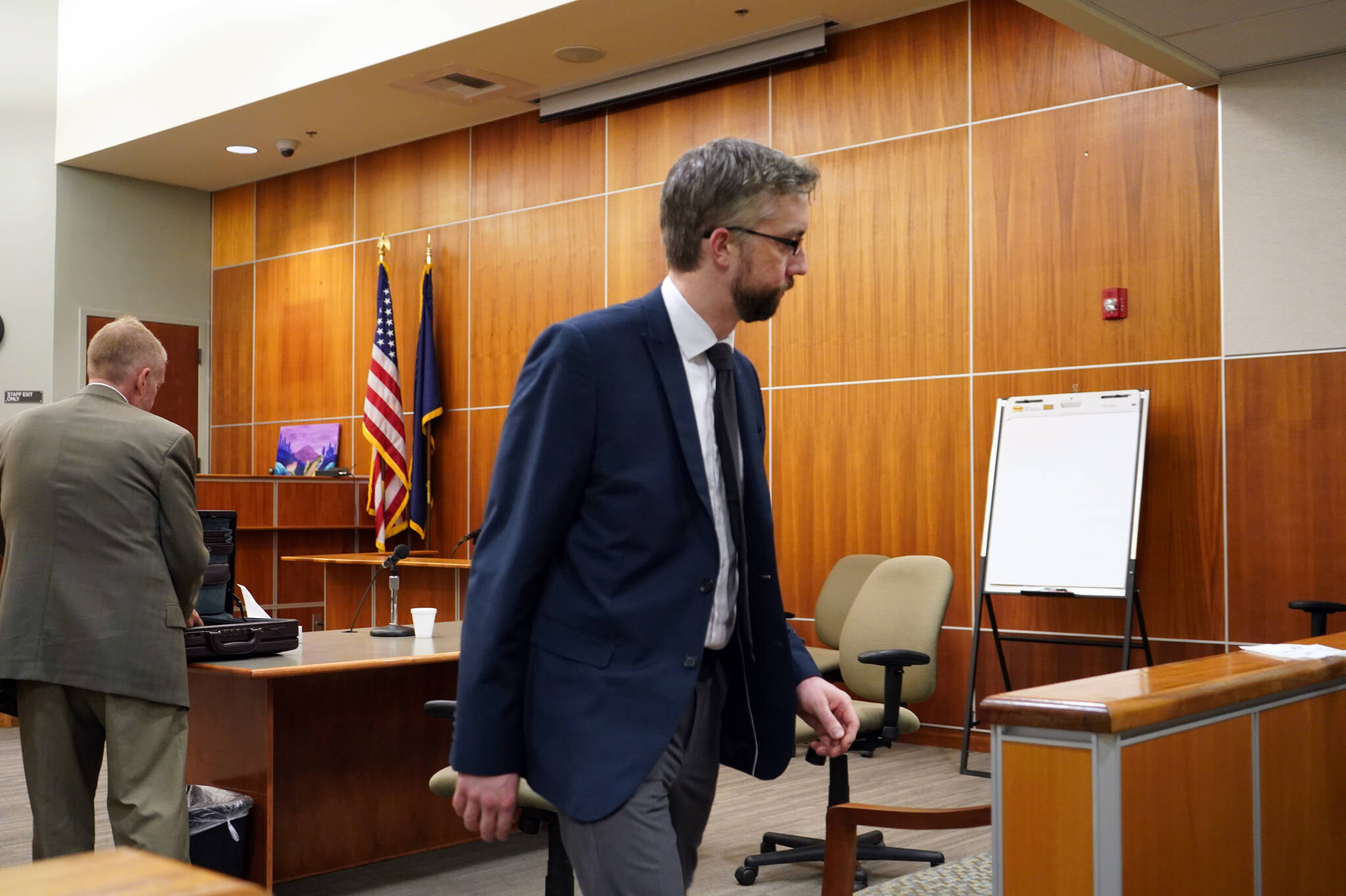 Nathan Erfurth, a former Soldotna High School teacher accused of sexually abusing one of his students, leaves the courtroom after submitting a not guilty plea at an arraignment hearing on Tuesday, July 11, 2023, at the Kenai Courthouse in Kenai, Alaska. (Jake Dye/Peninsula Clarion)