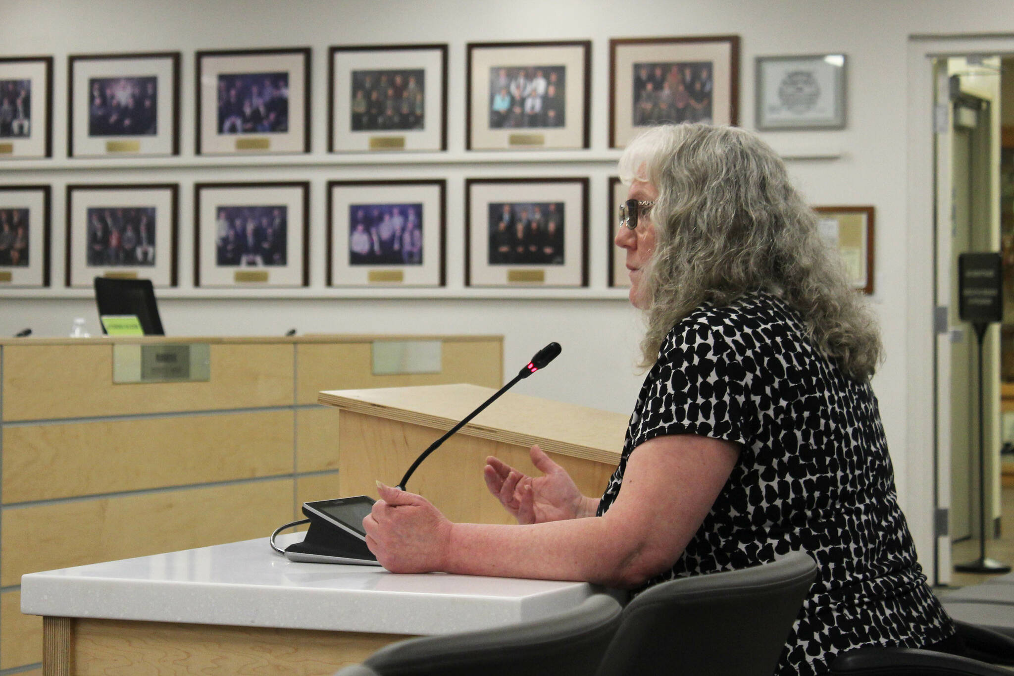 Kenai Peninsula Borough School District Board of Education President Debbie Cary testifies before the Kenai Peninsula Borough Assembly about a resolution that would support the separation of transgender and cisgender student athetes on Tuesday, July 11, 2023 in Soldotna, Alaska. (Ashlyn O’Hara/Peninsula Clarion)