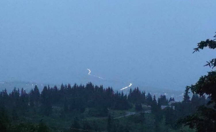 A photo taken from Skyline Drive at about 11:20 p.m. Saturday, July 15, 2023, shows vehicles evacuating from the Homer Spit after a tsunami warning was issued. The warning did not affect the Homer area, but sirens sounded anyway. The warning was later canceled. (Photo by Shannon Cefalu/courtesy)