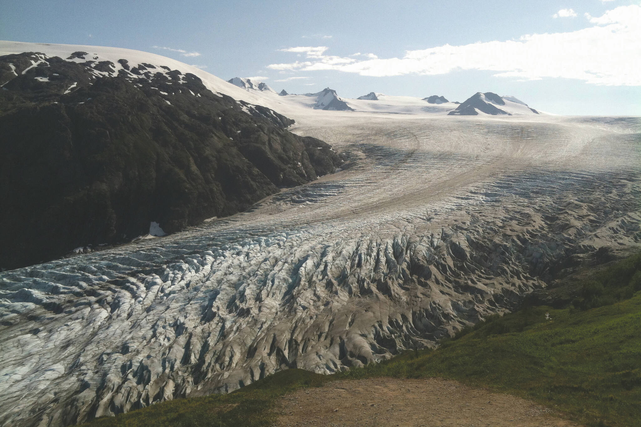 Exit Glacier, as seen in August 2015 from the Harding Icefield Trail in Kenai Fjords National Park just outside of Seward, Alaska. (Photo by Jeff Helminiak/Peninsula Clarion)