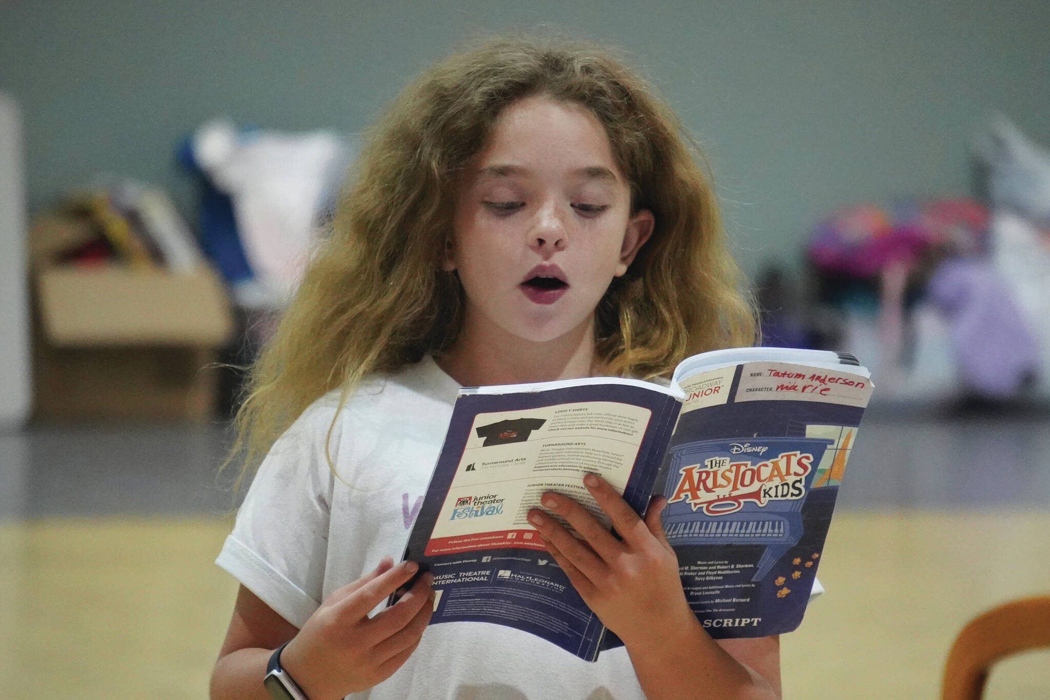 Photos by Jake Dye/Peninsula Clarion
Tatum Anderson rehearses “The Aristocats Kids” during a Triumvirate Theatre drama camp on Wednesday, July 19, 2023 at the Boys and Girls Club of the Kenai Peninsula Main Office in Kenai, Alaska.