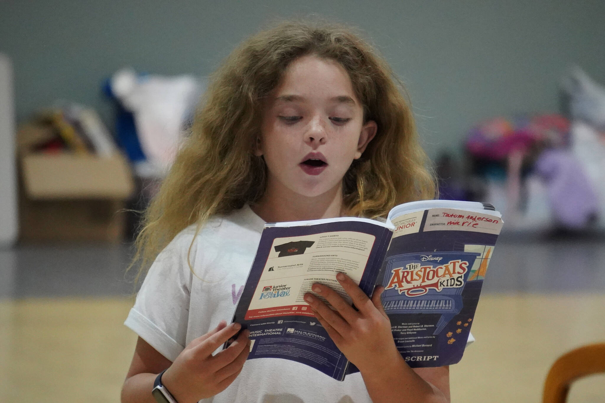 Tatum Anderson rehearses “The Aristocats Kids” during a Triumvirate Theatre drama camp on Wednesday, July 19, 2023 at the Boys and Girls Club of the Kenai Peninsula Main Office in Kenai, Alaska. (Jake Dye/Peninsula Clarion)