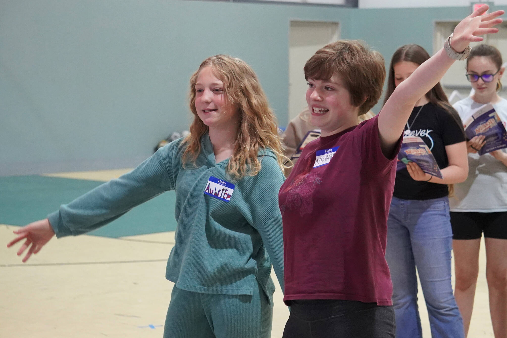 Aubrie Rang and Quinn Dodson rehearse “The Aristocats Kids” during a Triumvirate Theatre drama camp on Wednesday, July 19, 2023 at the Boys and Girls Club of the Kenai Peninsula Main Office in Kenai, Alaska. (Jake Dye/Peninsula Clarion)