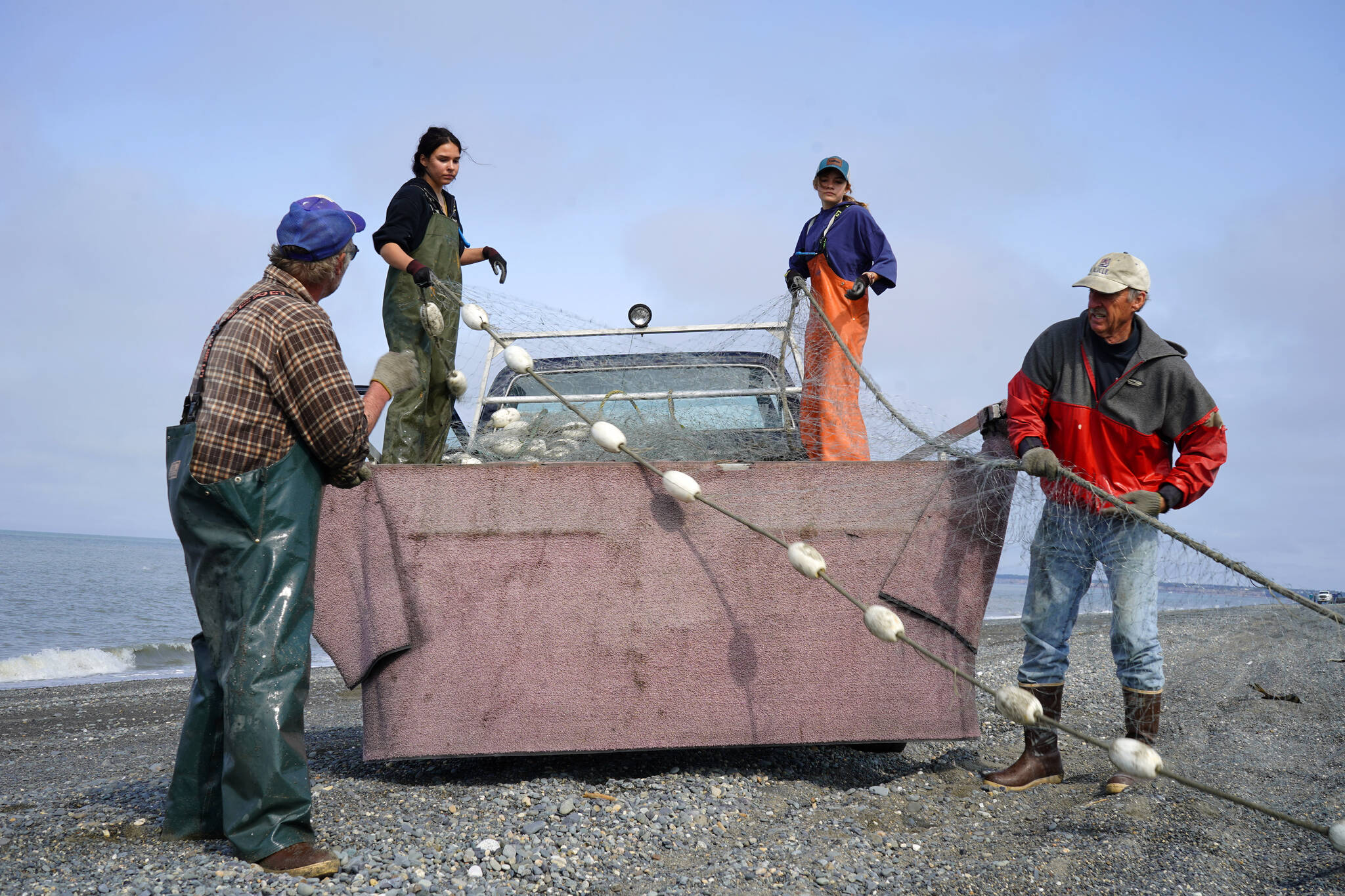 Set gillnets are piled in the back of a pickup truck at a test site for selective harvest setnet gear in Kenai, Alaska, on Tuesday, July 25, 2023. (Jake Dye/Peninsula Clarion)
