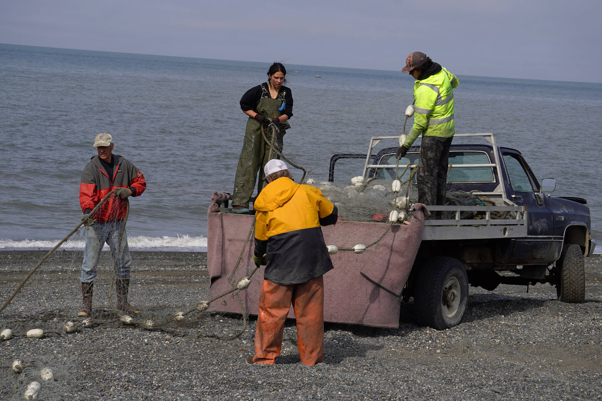 Set gillnets are piled in the back of a pickup truck at a test site for selective harvest setnet gear in Kenai, Alaska, on Tuesday, July 25, 2023. (Jake Dye/Peninsula Clarion)