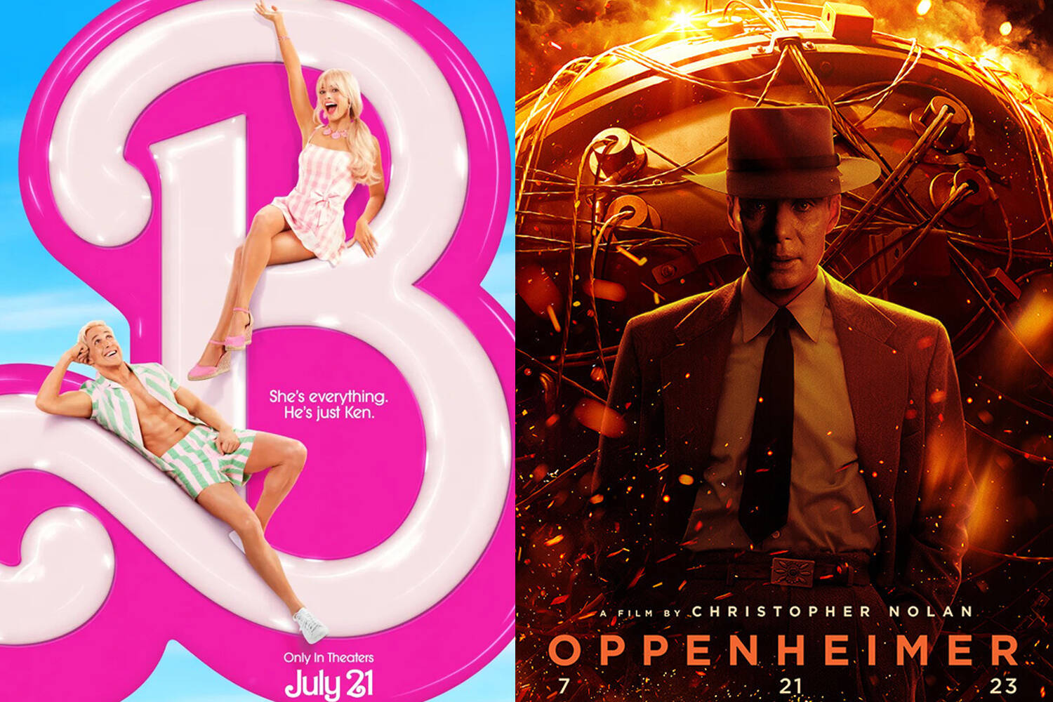 Promotional material for both “Barbie” and “Oppenheimer.” (Photos courtesy WarnerMedia and Universal Pictues)