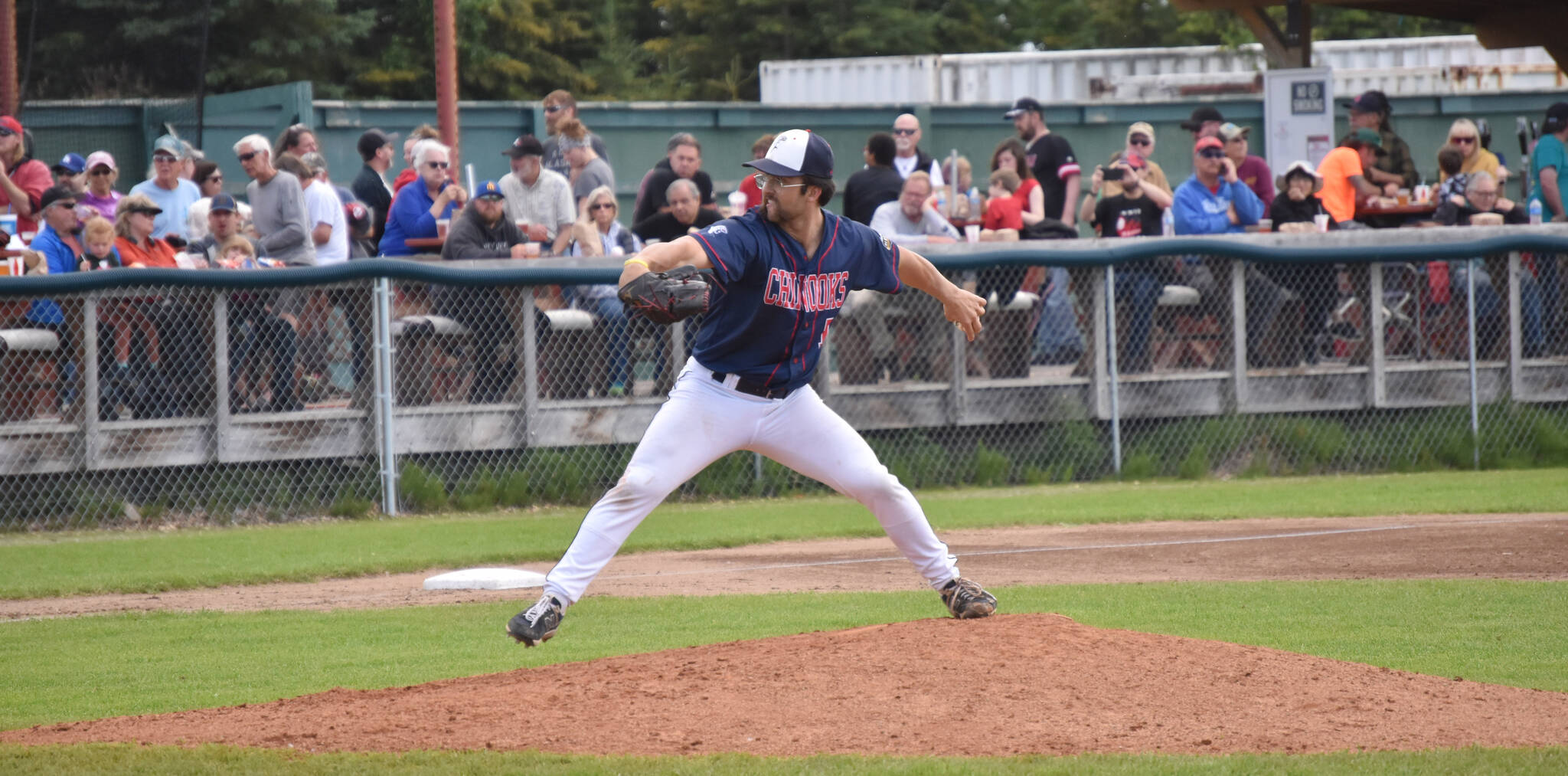 Chugiak-Eagle River Chinooks starter Garrett DeClue pitched a complete game against the Peninsula Oilers on Sunday, July 30, 2023, at Coral Seymour Memorial Park in Kenai, Alaska. (Photo by Jeff Helminiak/Peninsula Clarion)
