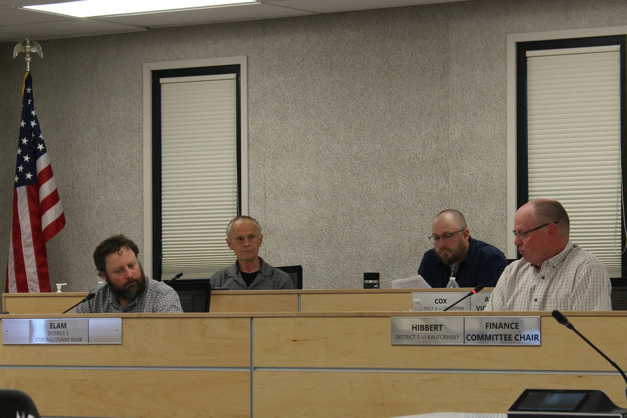 From left, Kenai Peninsula Borough Assembly members Bill Elam, Brent Johnson, Tyson Cox and Brent Hibbert attend an assembly meeting on Tuesday, Aug. 1, 2023, in Soldotna, Alaska. (Ashlyn O’Hara/Peninsula Clarion)
