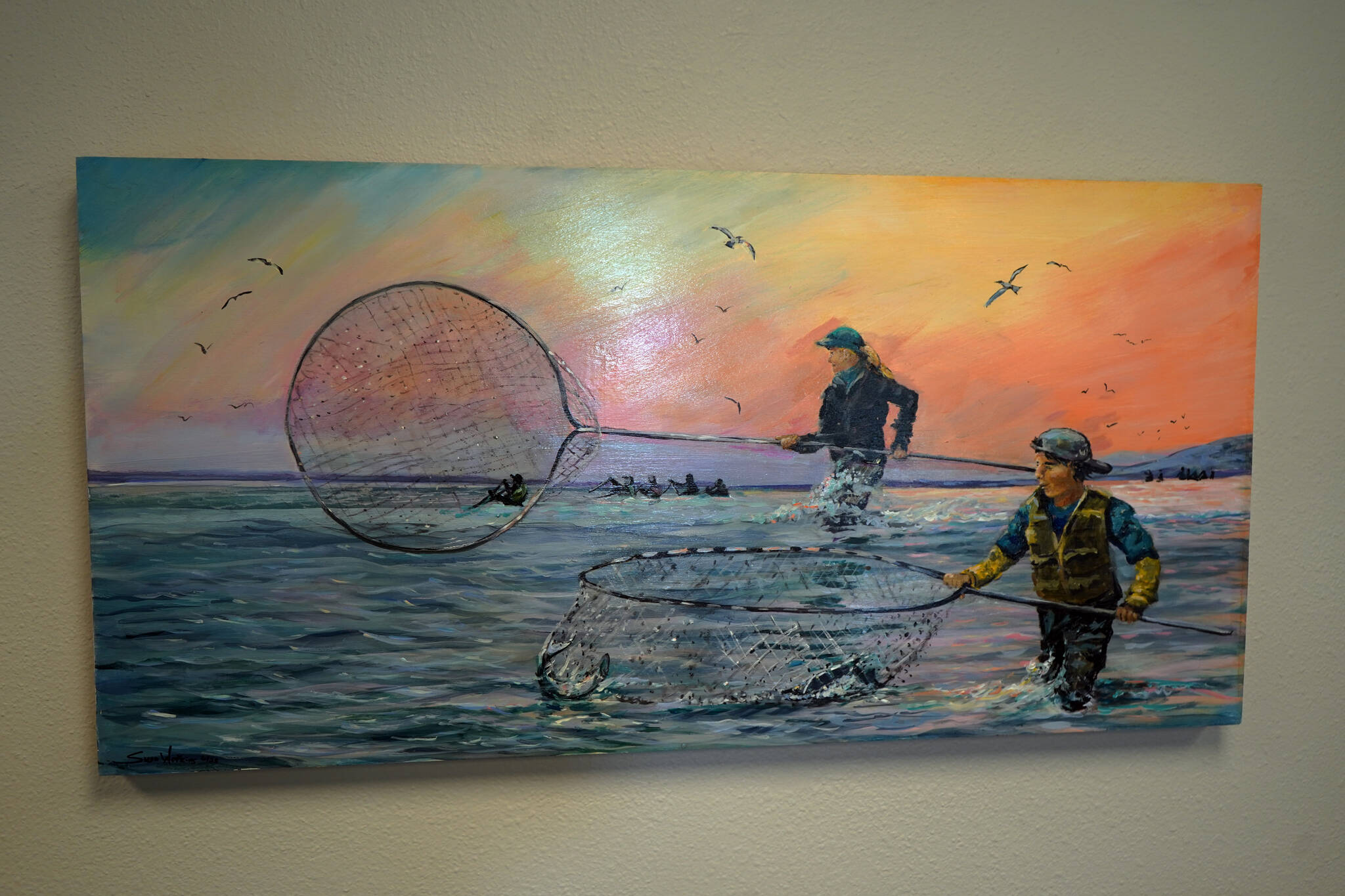 A painting by Susan Watkins hangs at the Kenai Art Center in Kenai, Alaska, on Wednesday, Aug. 2, 2023, as part of “Up Close and Far Away — My View,” the center’s August exhibit. (Jake Dye/Peninsula Clarion)