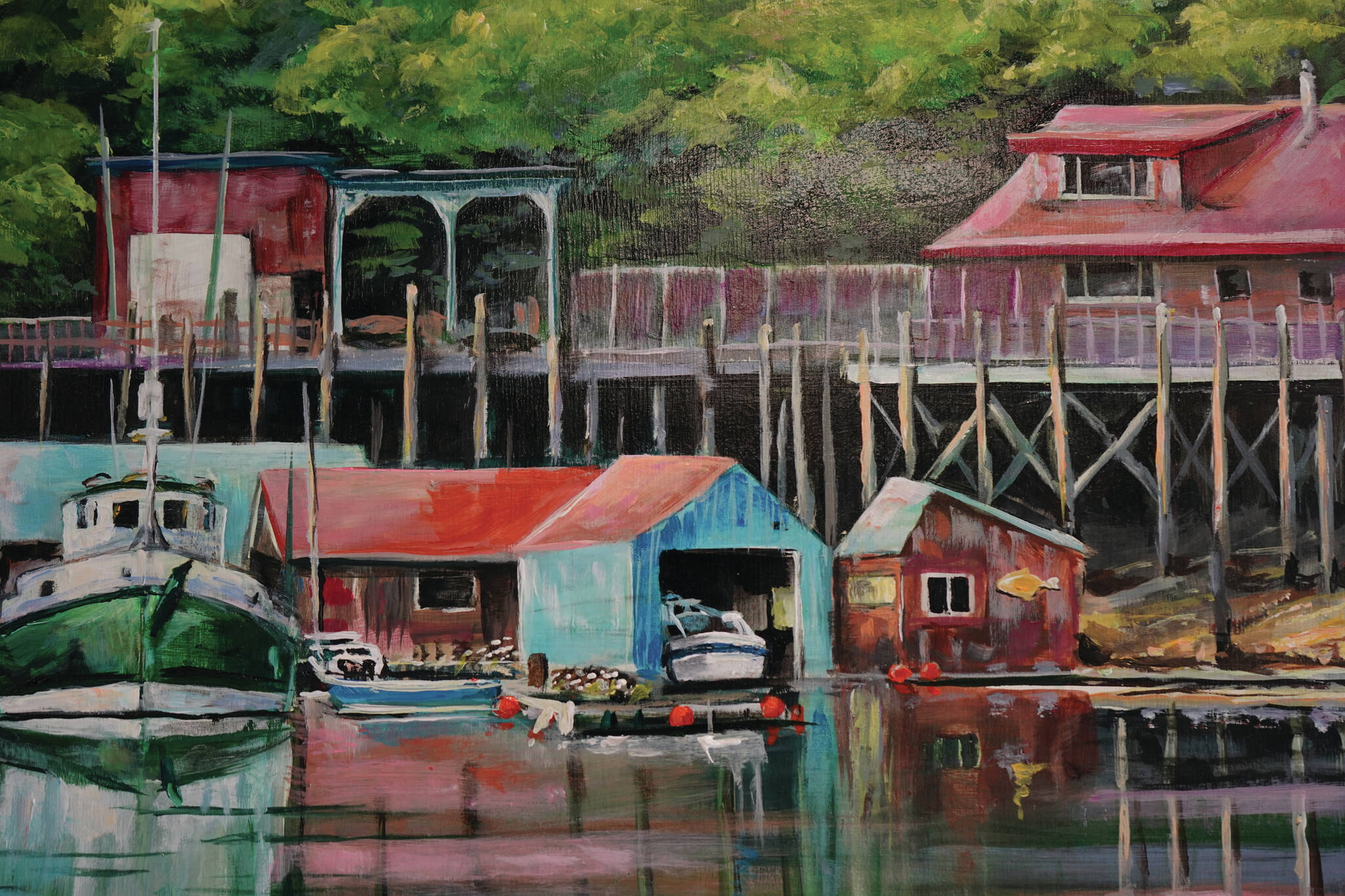 Jake Dye/Peninsula Clarion
A painting of a pier, by Susan Watkins, hangs at the Kenai Art Center on Wednesday.