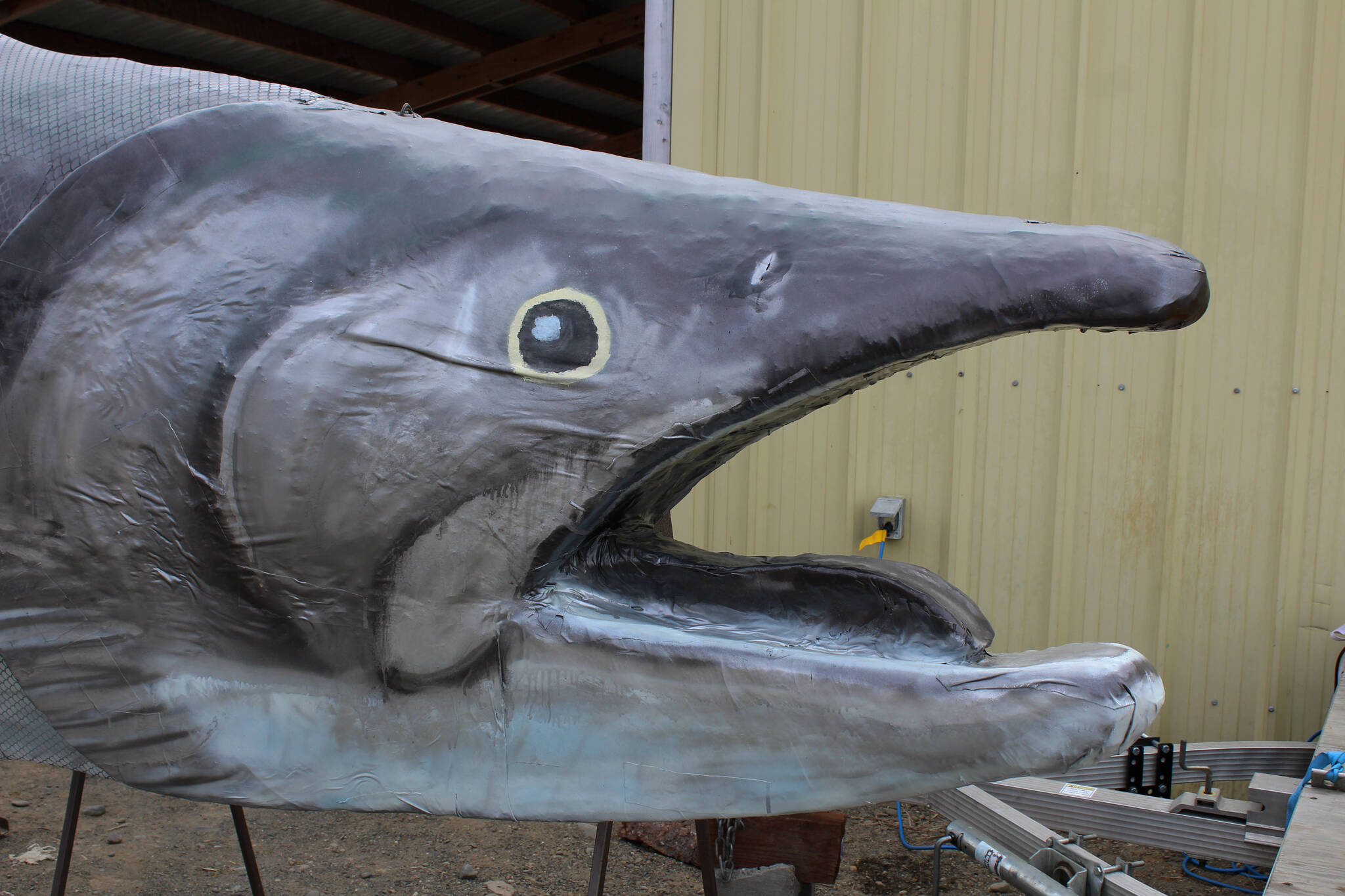 A salmon sculpture greets attendees at Salmonfest on Friday, Aug. 4, 2023 in Ninilchik, Alaska. (Ashlyn O’Hara/Peninsula Clarion)