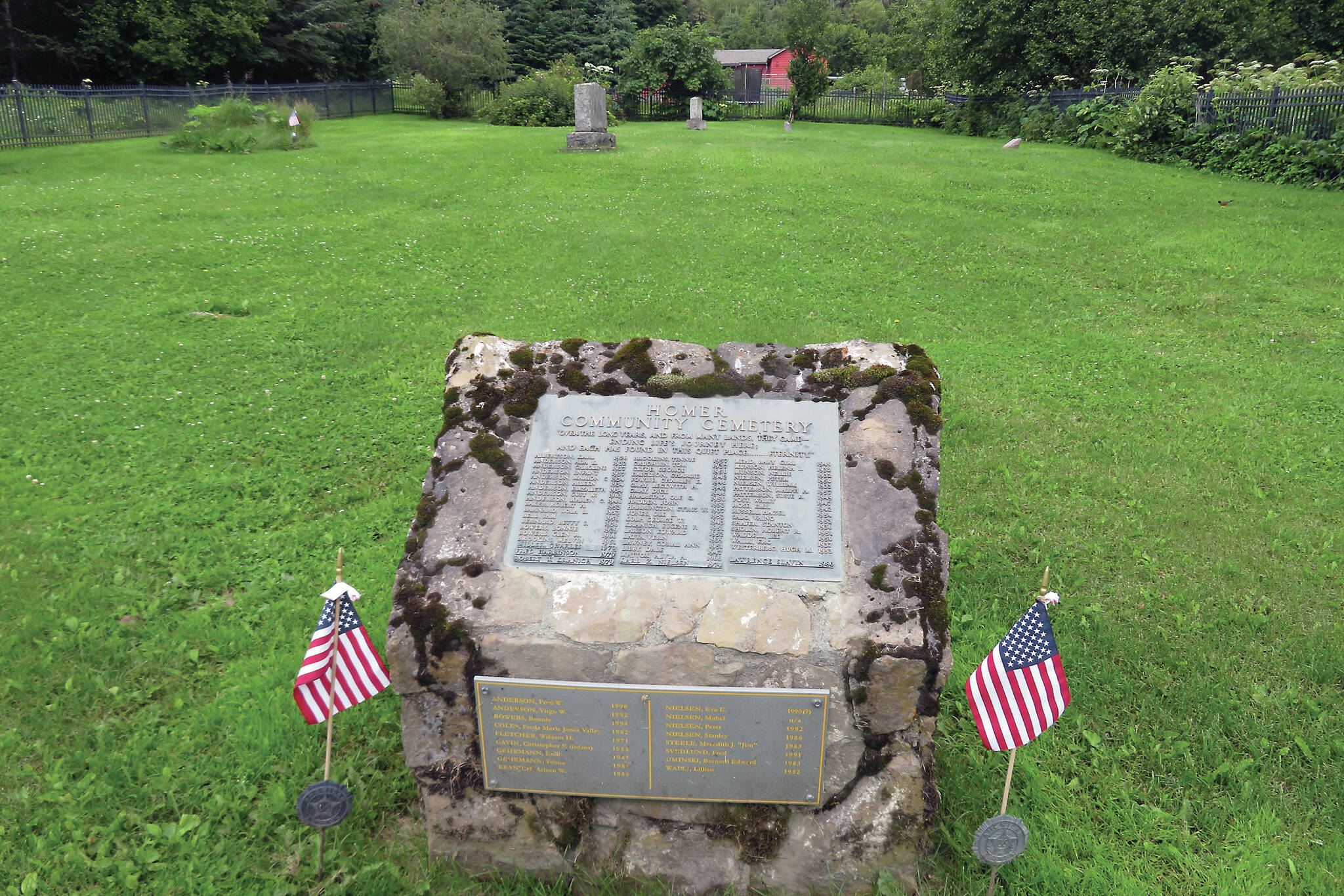 This plaque was created in the 1980s to memorialize persons known to have been buried in Homer Community Cemetery. The plaque was considered necessary because so many of the graves here had lost their markers or had never been marked. (Clark Fair photo)