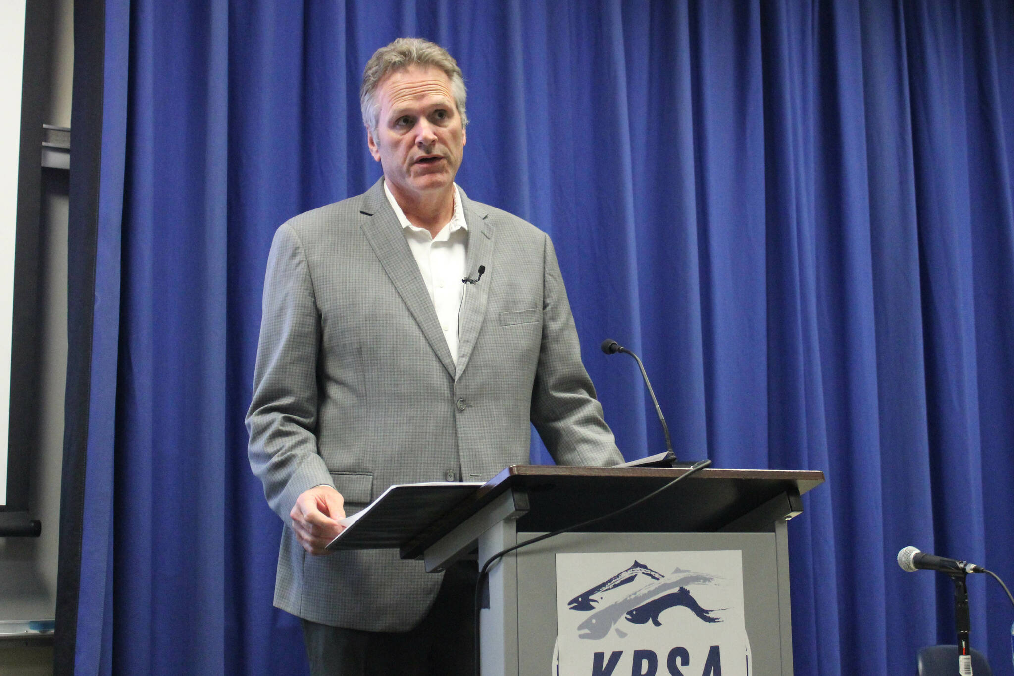 Gov. Mike Dunleavy speaks at the Kenai Classic Roundtable at Kenai Peninsula College on Wednesday, Aug. 17, 2022, near Soldotna, Alaska. (Ashlyn O’Hara/Peninsula Clarion)
