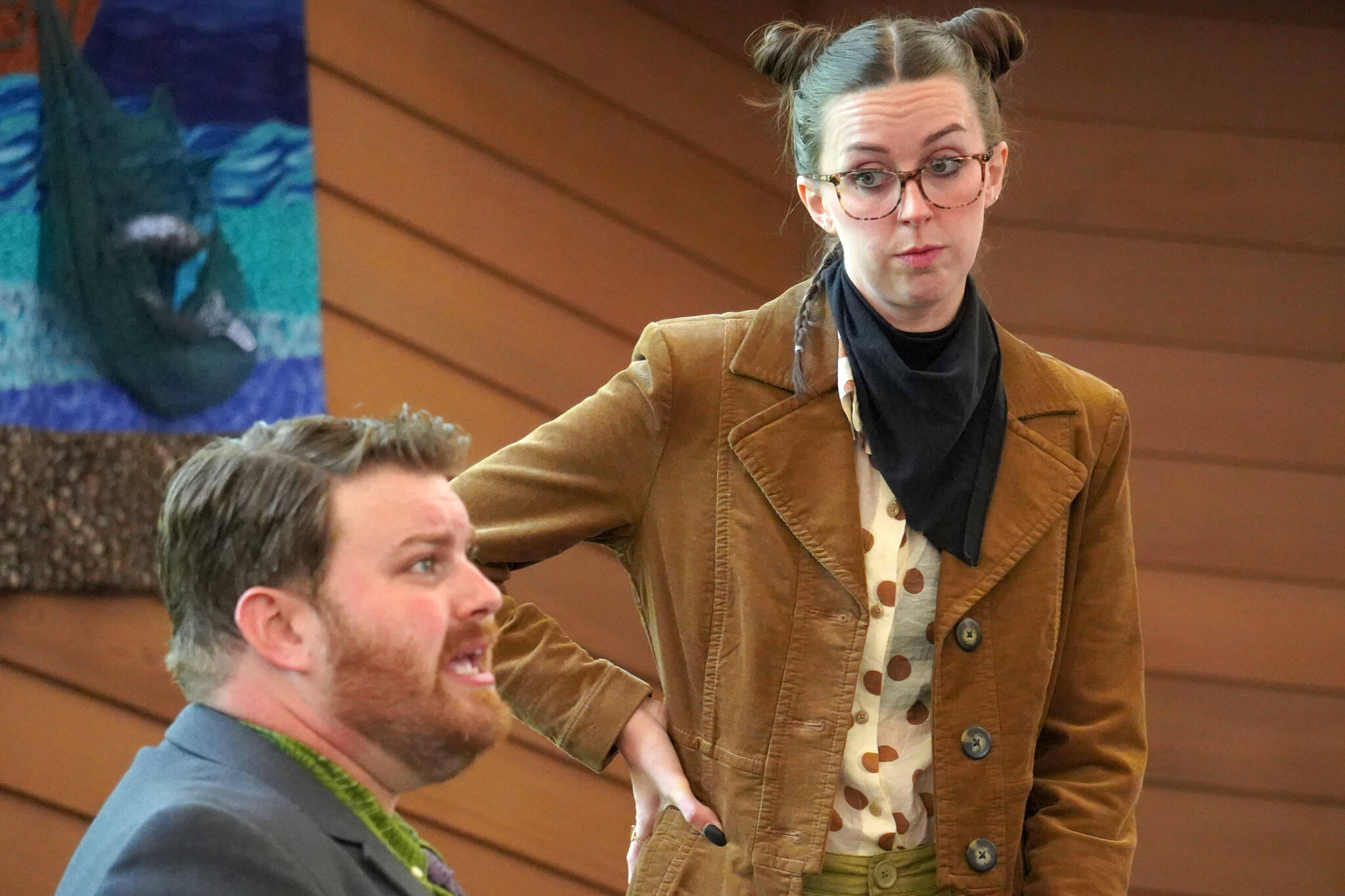 Joe Spady portrays Mr. Toad and Hayley Vest portrays Rat in a rehearsal for Treefort Theatre’s “The Wind in the Willows” at Christ Lutheran Church in Soldotna, Alaska, on Sunday, Aug. 13, 2023. (Jake Dye/Peninsula Clarion)