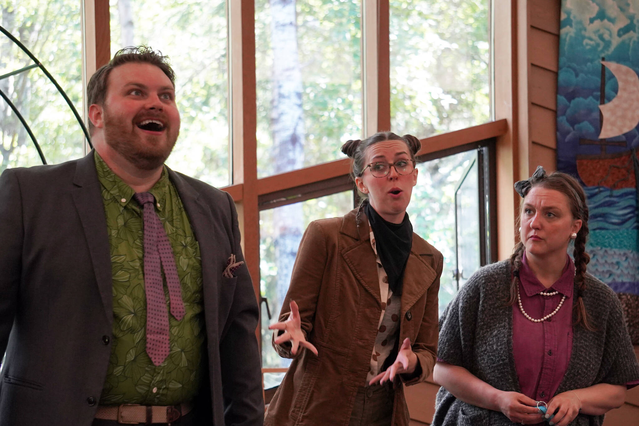 Joe Spady portrays Mr. Toad, Hayley Vest portrays Rat, and Tina Hamlin portrays Mole in a rehearsal for Treefort Theatre’s “The Wind in the Willows” at Christ Lutheran Church in Soldotna, Alaska, on Sunday, Aug. 13, 2023. (Jake Dye/Peninsula Clarion)