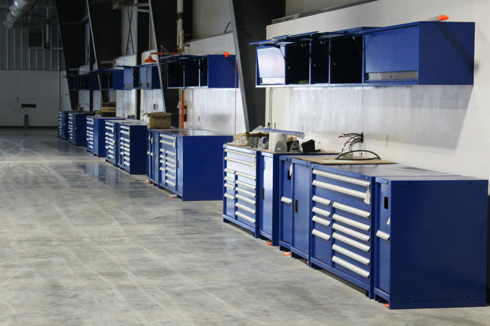 Toolboxes await use at Kendall’s new service facility and dealership on Wednesday, Aug. 17, 2023, in Soldotna, Alaska. (Ashlyn O’Hara/Peninsula Clarion)