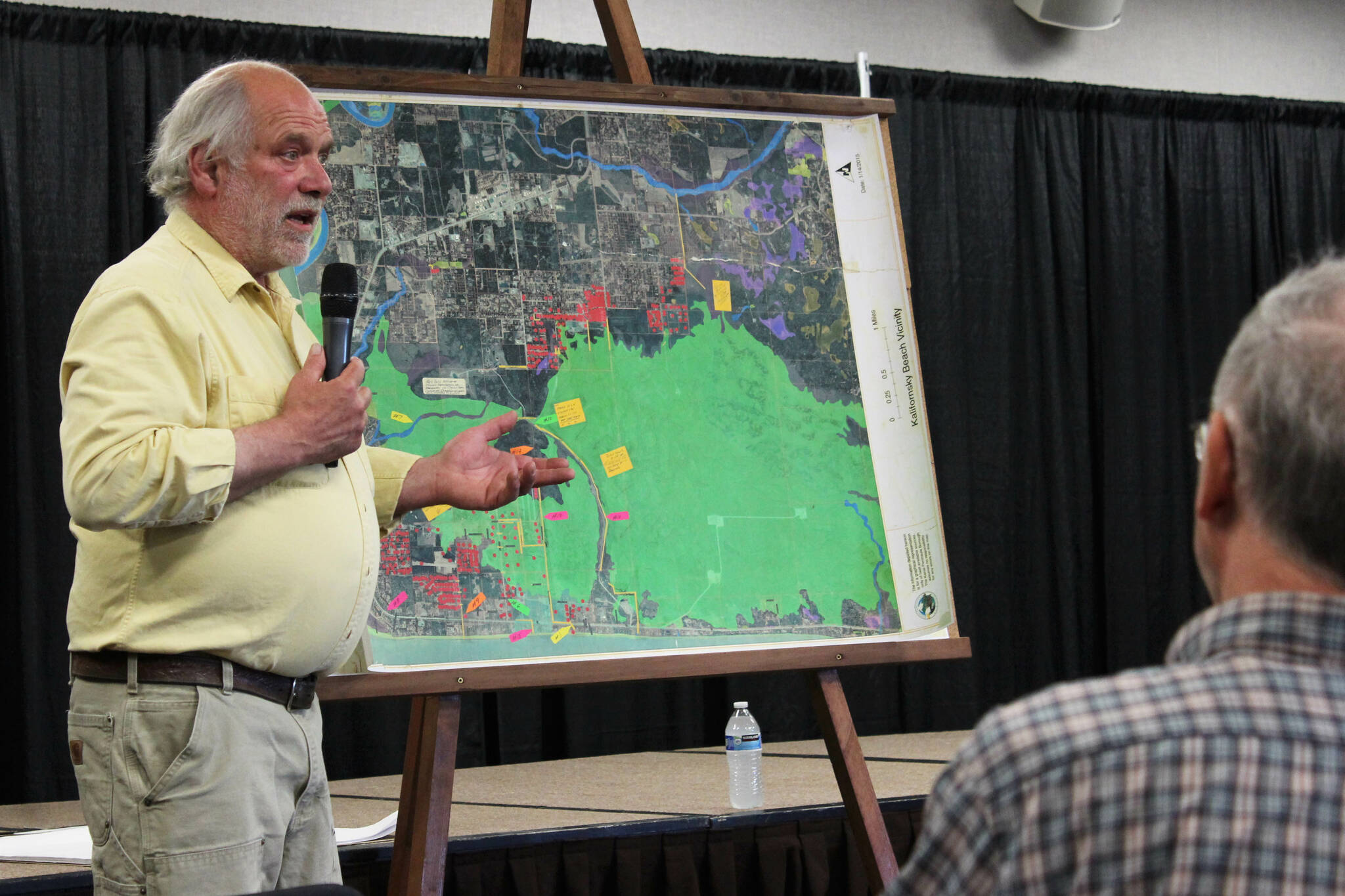 Dave Yragui talks about flood problems along Kalifornsky Beach Road during a public meeting on Thursday, Aug. 17, 2023, in Soldotna, Alaska. (Ashlyn O’Hara/Peninsula Clarion)