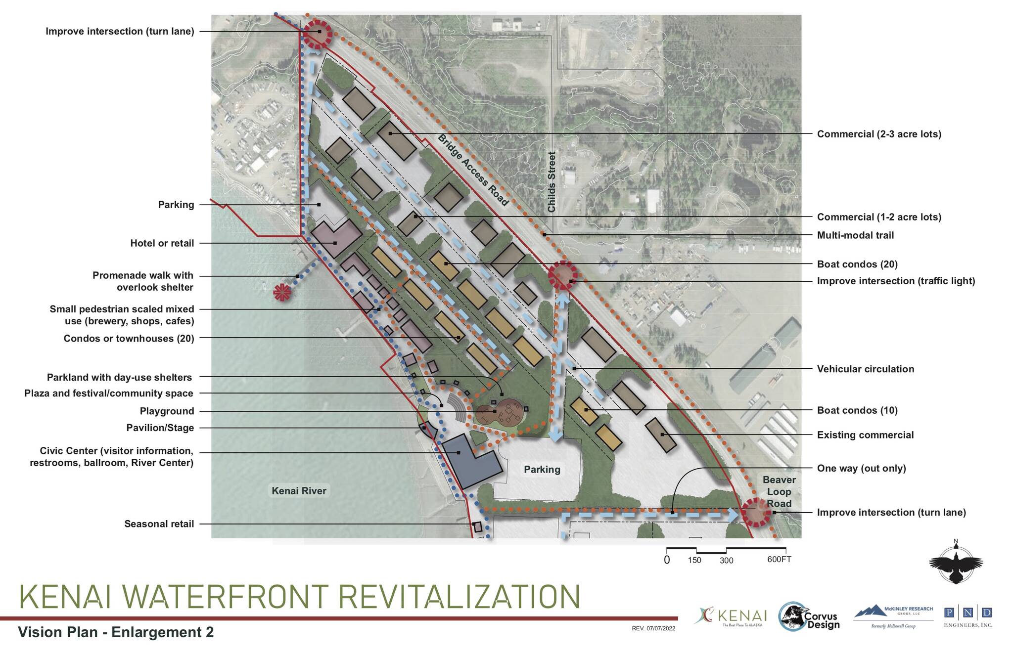 A vision plan prepared by McKinley Research Group shows potential uses of waterfront space identified as a priority for revitalization. (Plan via City of Kenai)
