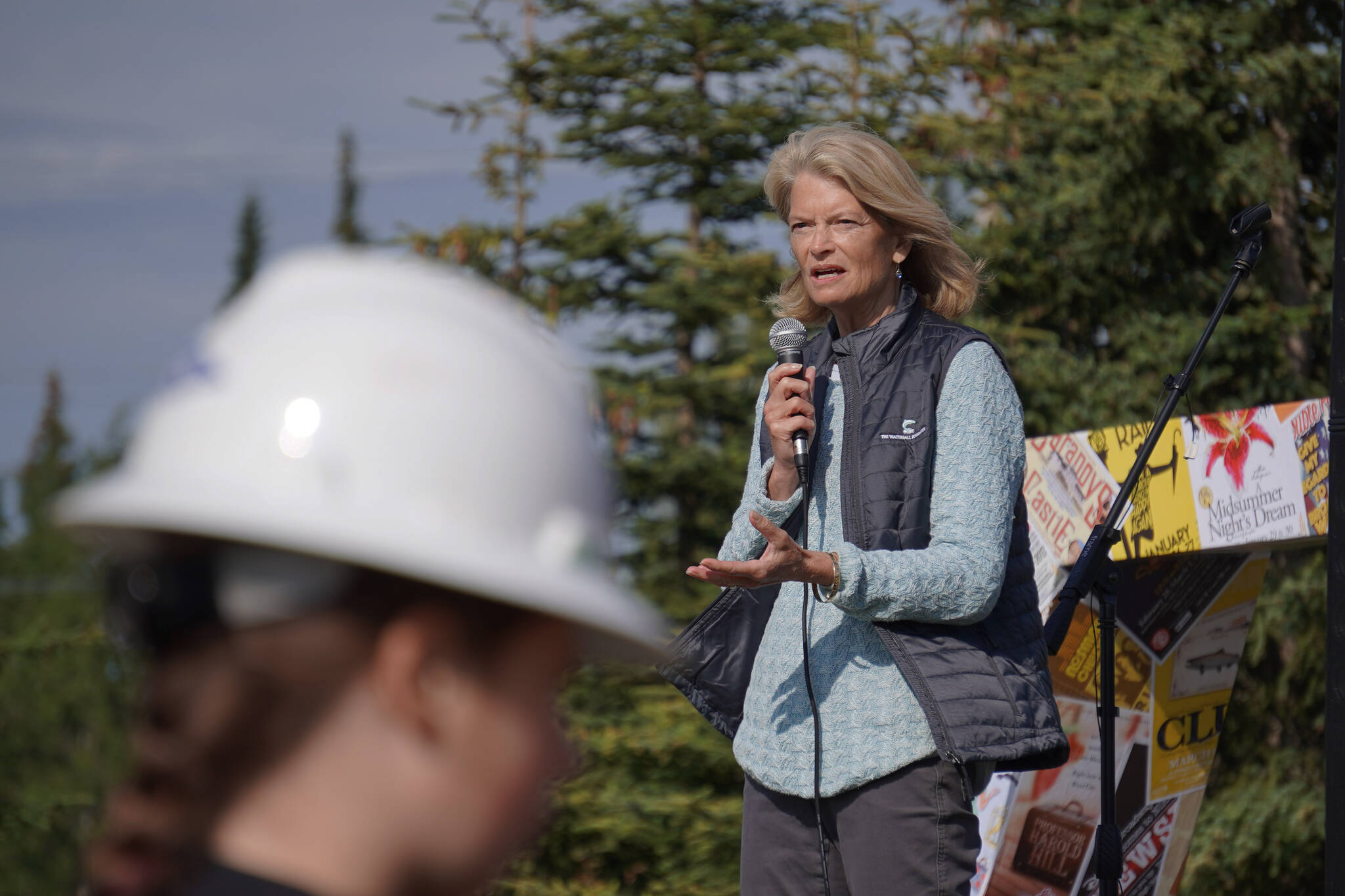 Sen. Lisa Murkoski speaks during a ceremonial groundbreaking for the future home of Triumvirate Theatre at Daubenspeck Family Park in Kenai, Alaska, on Saturday, Aug. 19, 2023. (Jake Dye/Peninsula Clarion)