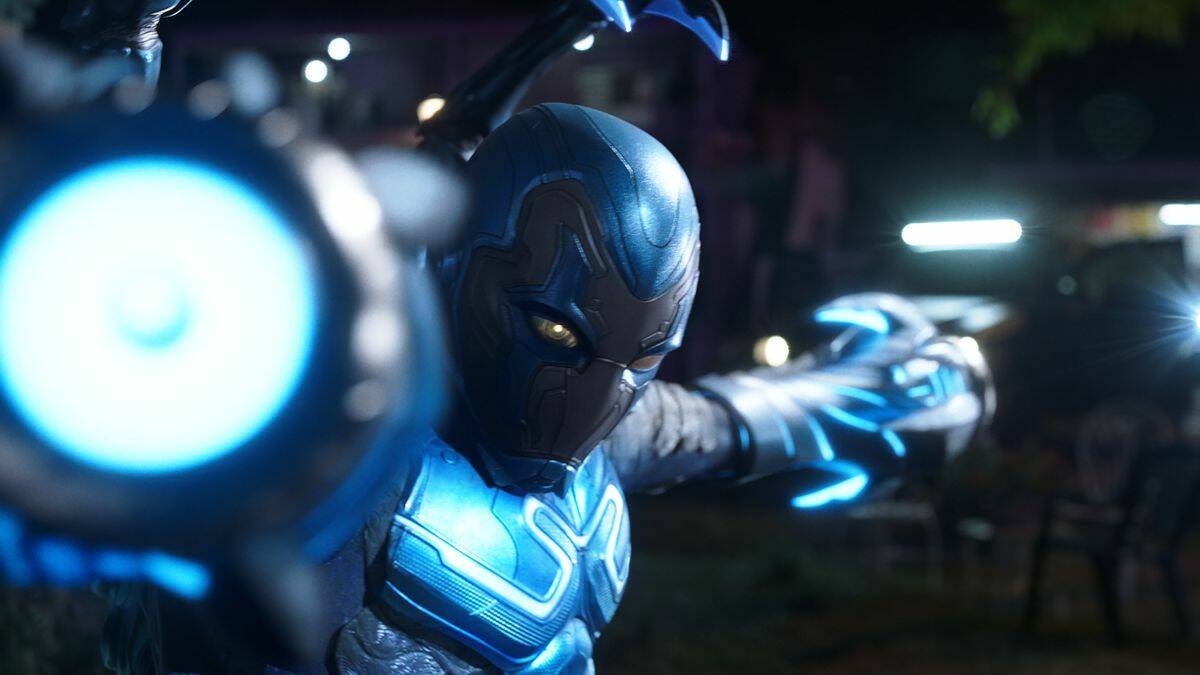 Xolo Maridueña portrays Jaime Reyes, Blue Beetle in “Blue Beetle.” (Photo courtesy WarnerMedia)