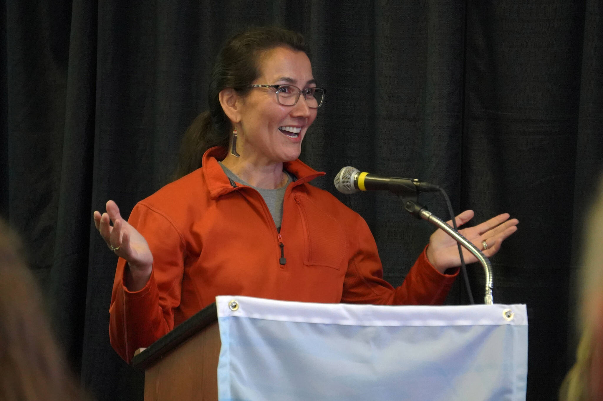 Rep. Mary Peltola delivers a keynote address at the Kenai River Sportfishing Association’s Kenai Classic Roundtable at the Soldotna Regional Sports Complex in Soldotna, Alaska, on Wednesday, Aug. 23, 2023. (Jake Dye/Peninsula Clarion)