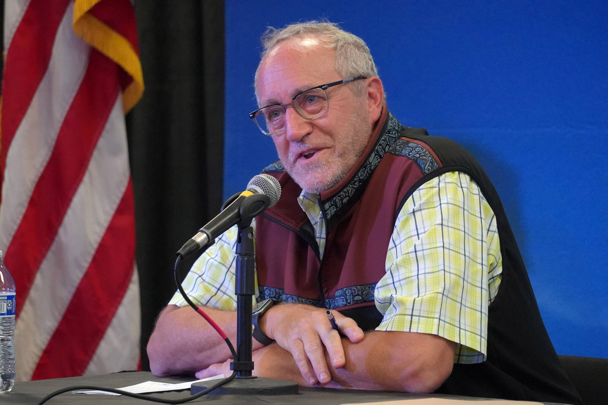 Alaska Department of Fish and Game Commissioner Doug Vincent-Lang participates in a panel discussion at the Kenai River Sportfishing Association’s Kenai Classic Roundtable at the Soldotna Regional Sports Complex in Soldotna, Alaska, on Wednesday, Aug. 23, 2023. (Jake Dye/Peninsula Clarion)