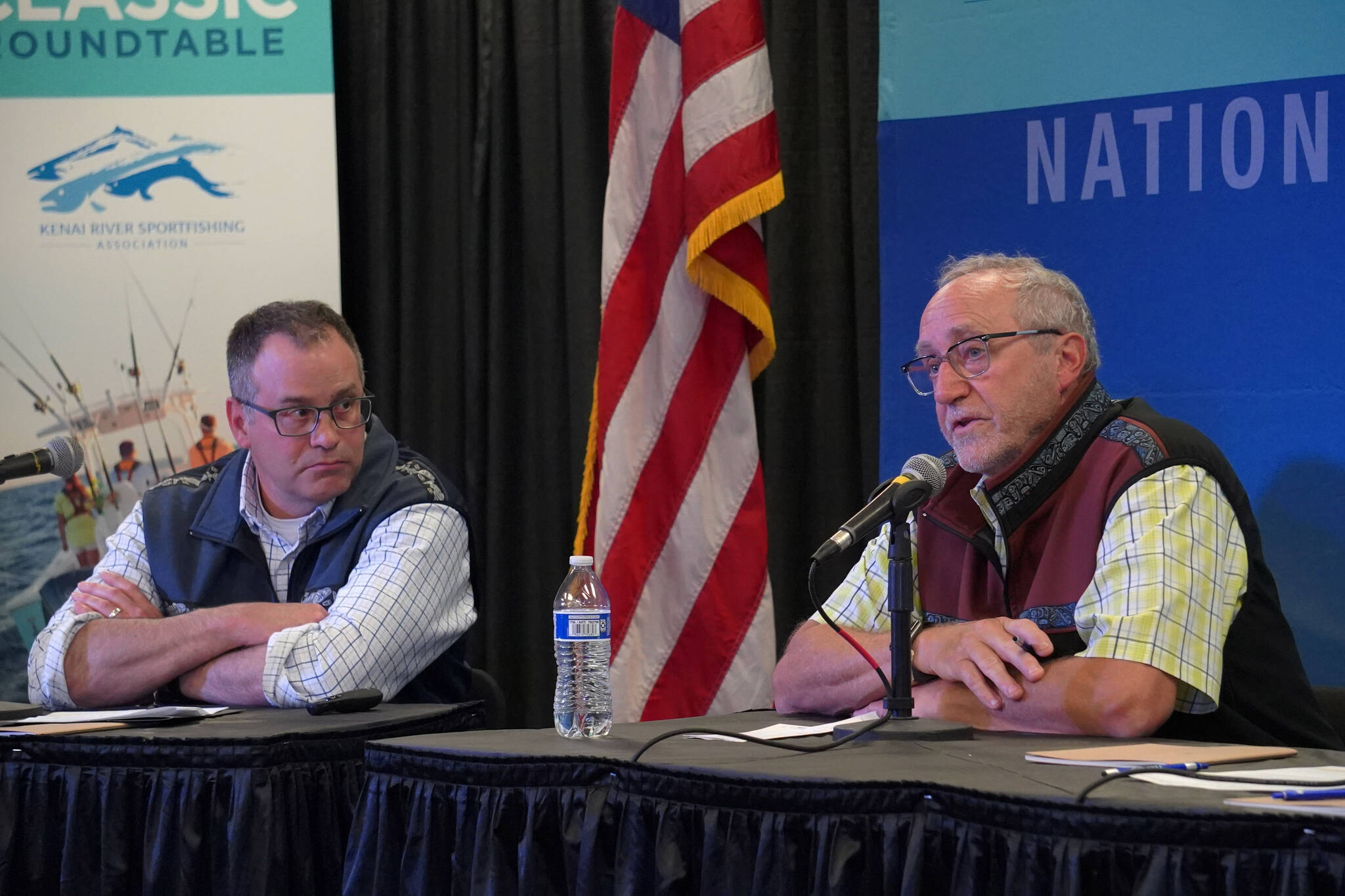 Bureau of Land Management Alaska Director Steve Cohn and Alaska Department of Fish and Game Commissioner Doug Vincent-Lang participate in a panel discussion at the Kenai River Sportfishing Association’s Kenai Classic Roundtable at the Soldotna Regional Sports Complex in Soldotna, Alaska, on Wednesday, Aug. 23, 2023. (Jake Dye/Peninsula Clarion)