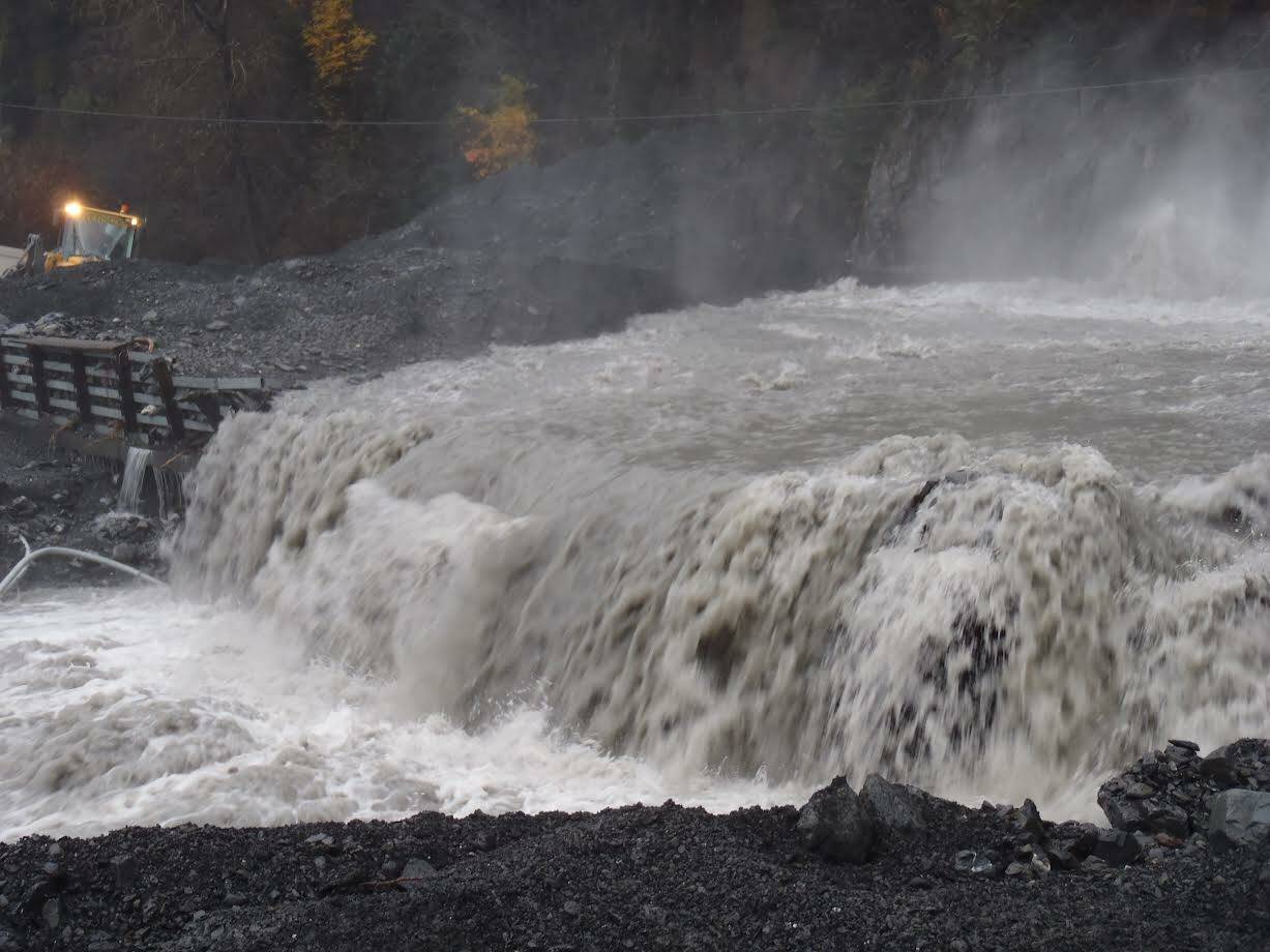 Crews respond to a flood event at the Lowell Creek Tunnel outflow. (Photo courtesy Seward Public Works Director Doug Schoessler)