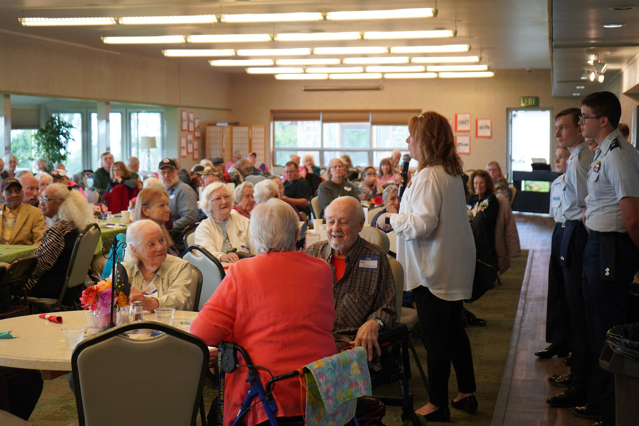 Kenai Senior Center Director Kathy Romain speaks at the Old Timer’s Luncheon at the Kenai Senior Center in Kenai, Alaska, on Thursday, Aug. 31, 2023. (Jake Dye/Peninsula Clarion)
