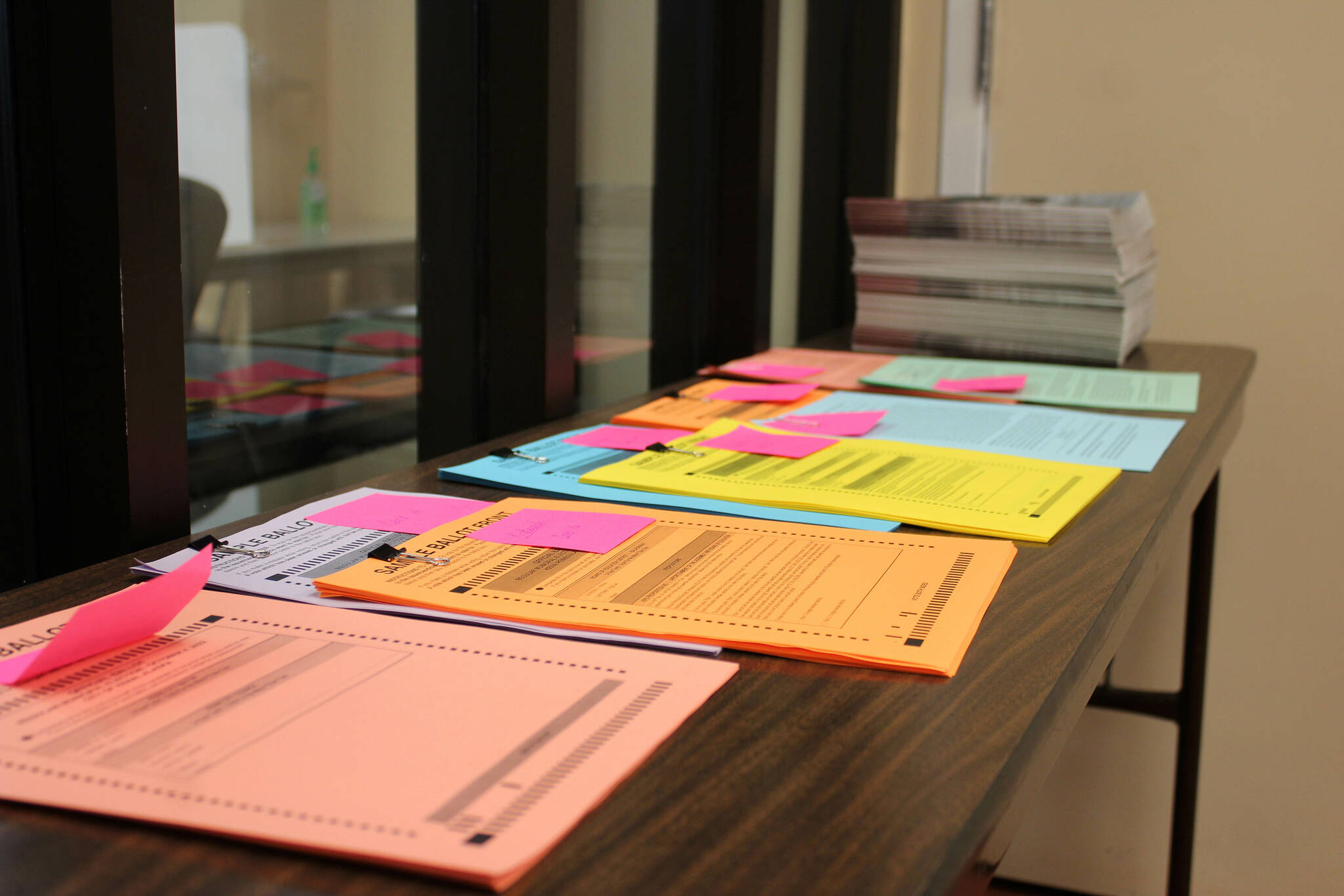 Sample ballots are displayed ahead of the Oct. 4 municipal election at an absentee in-person polling place in Kenai City Hall on Thursday, Sept. 29, 2022, in Kenai, Alaska. (Ashlyn O’Hara/Peninsula Clarion)