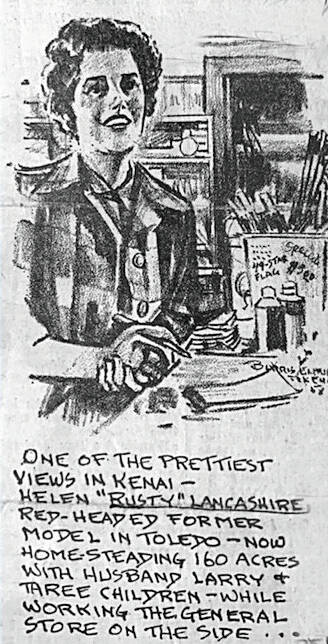 Clipping courtesy of the Lancashire Family Collection
The Outside newspaper got her first name wrong, but this illustration captures the essence of Rusty Lancashire on the job.