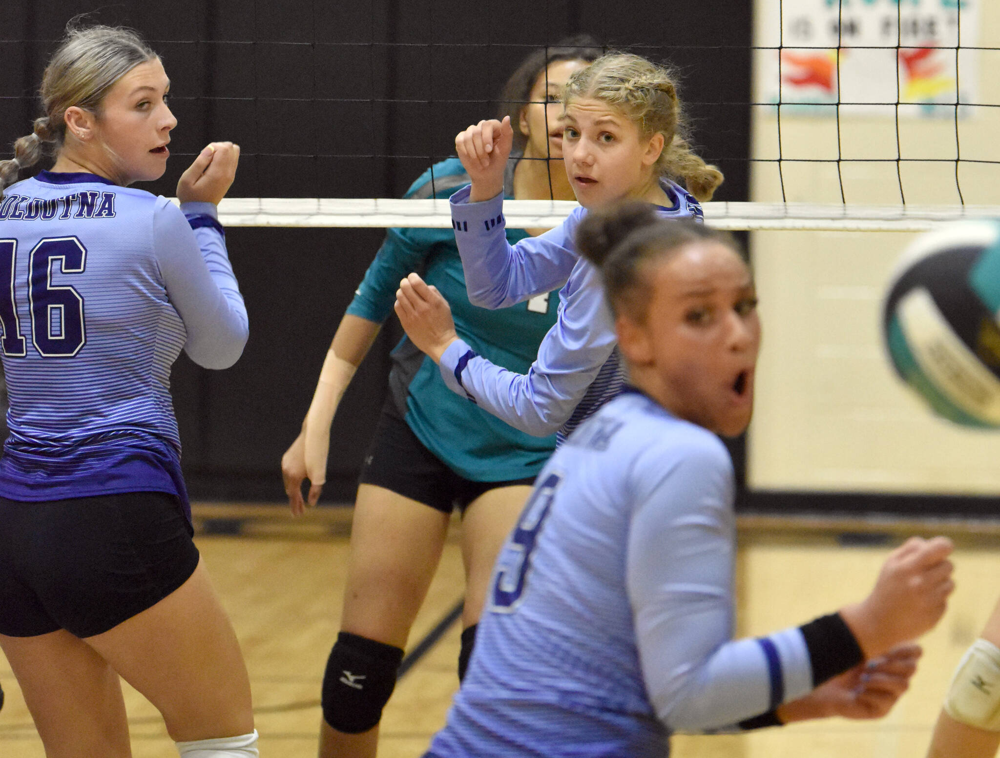 Nikiski’s Alexa Iyatunguk watches her kill get past Soldotna’s Abygale Schaeffer, Sarah Brown and Athena Rossiter on Thursday, Aug. 31, 2023, at Nikiski Middle-High School in Nikiski, Alaska. (Photo by Jeff Helminiak/Peninsula Clarion)