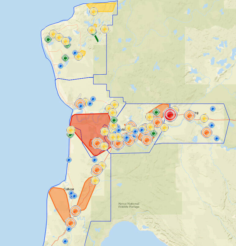 Homer Electric Association’s outage map lights up with confirmed outages across the Central Kenai Peninsula around 6:00 p.m. on Friday, Sept. 1, 2023. (Jake Dye/Peninsula Clarion)