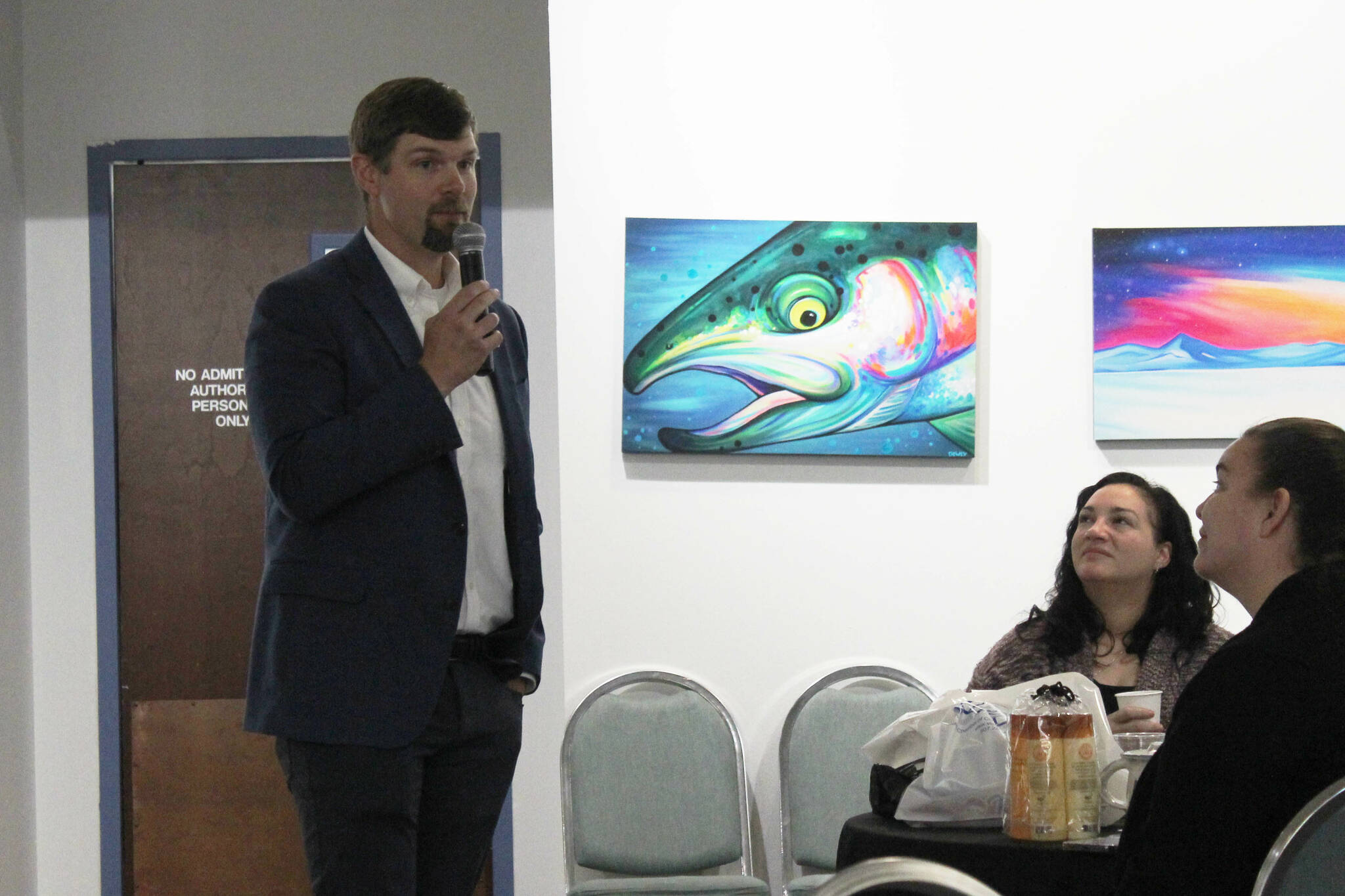 Sen. Jesse Bjorkman, R-Nikiski, fields questions from attendees at a legislative presentation at the Kenai Chamber of Commerce and Visitor Center on Wednesday, Sept. 6, 2023 in Kenai, Alaska. (Ashlyn O’Hara/Peninsula Clarion)