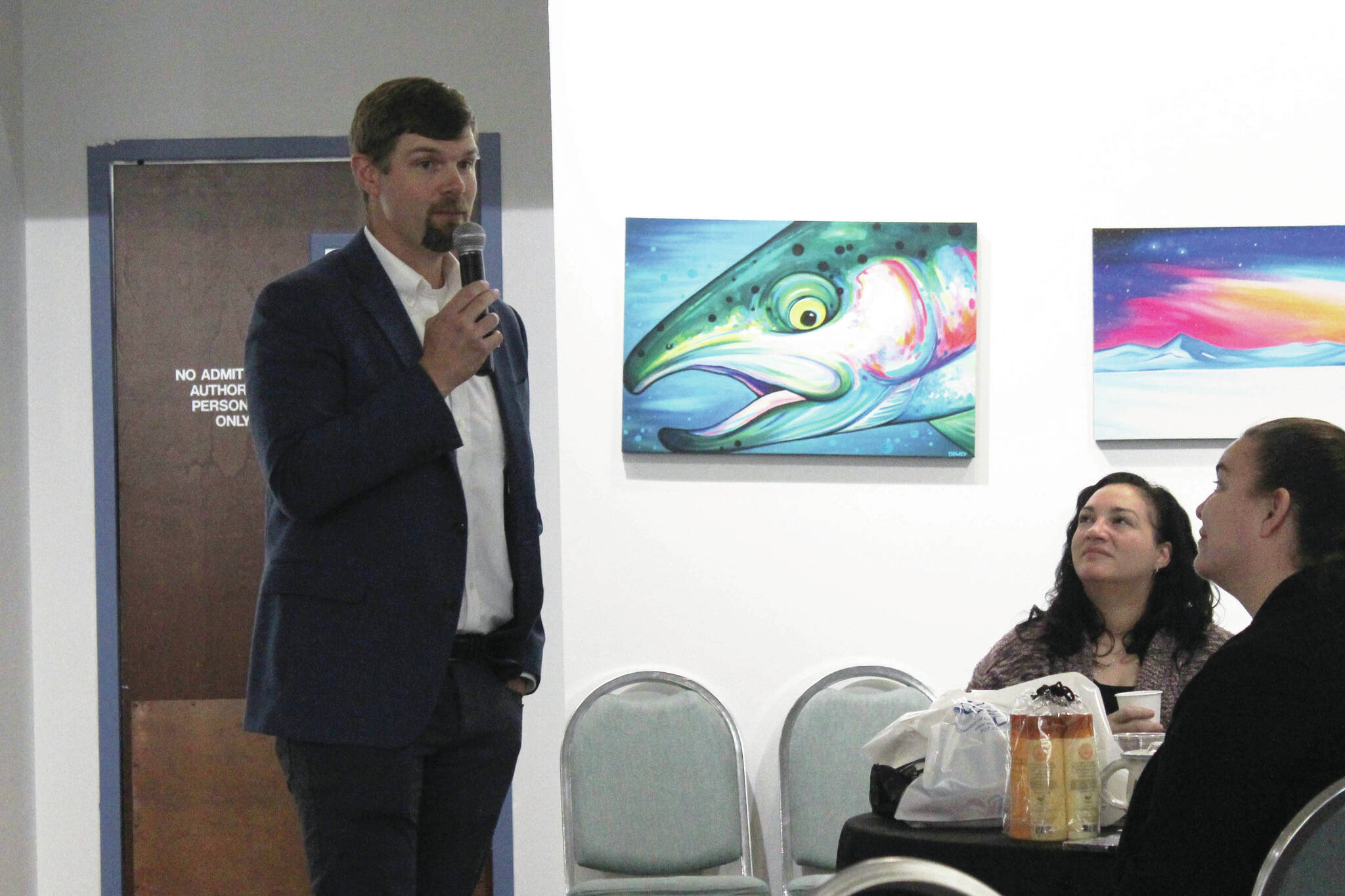 Sen. Jesse Bjorkman, R-Nikiski, fields questions from attendees at a legislative presentation at the Kenai Chamber of Commerce and Visitor Center on Wednesday. (Ashlyn O’Hara/Peninsula Clarion)